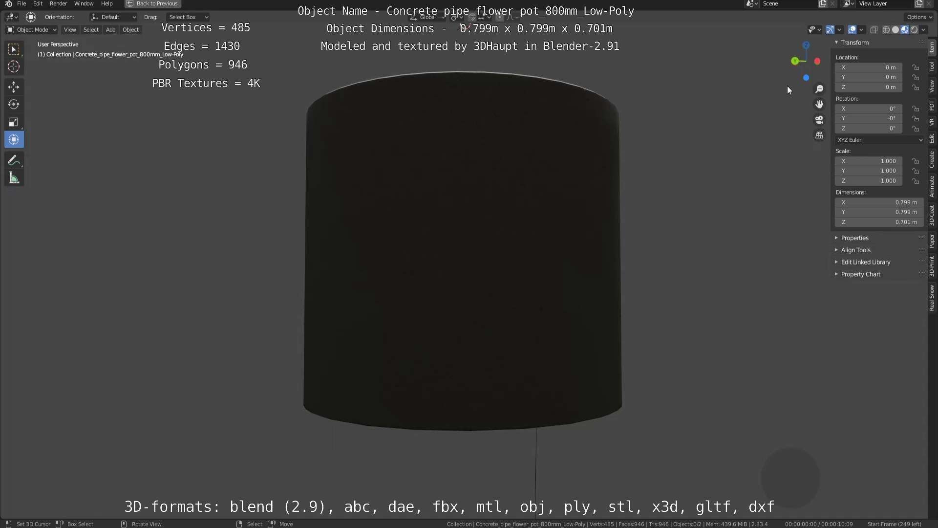 Concrete Pipe Flower Pot 800mm Low-Poly Low-poly 3D model_70