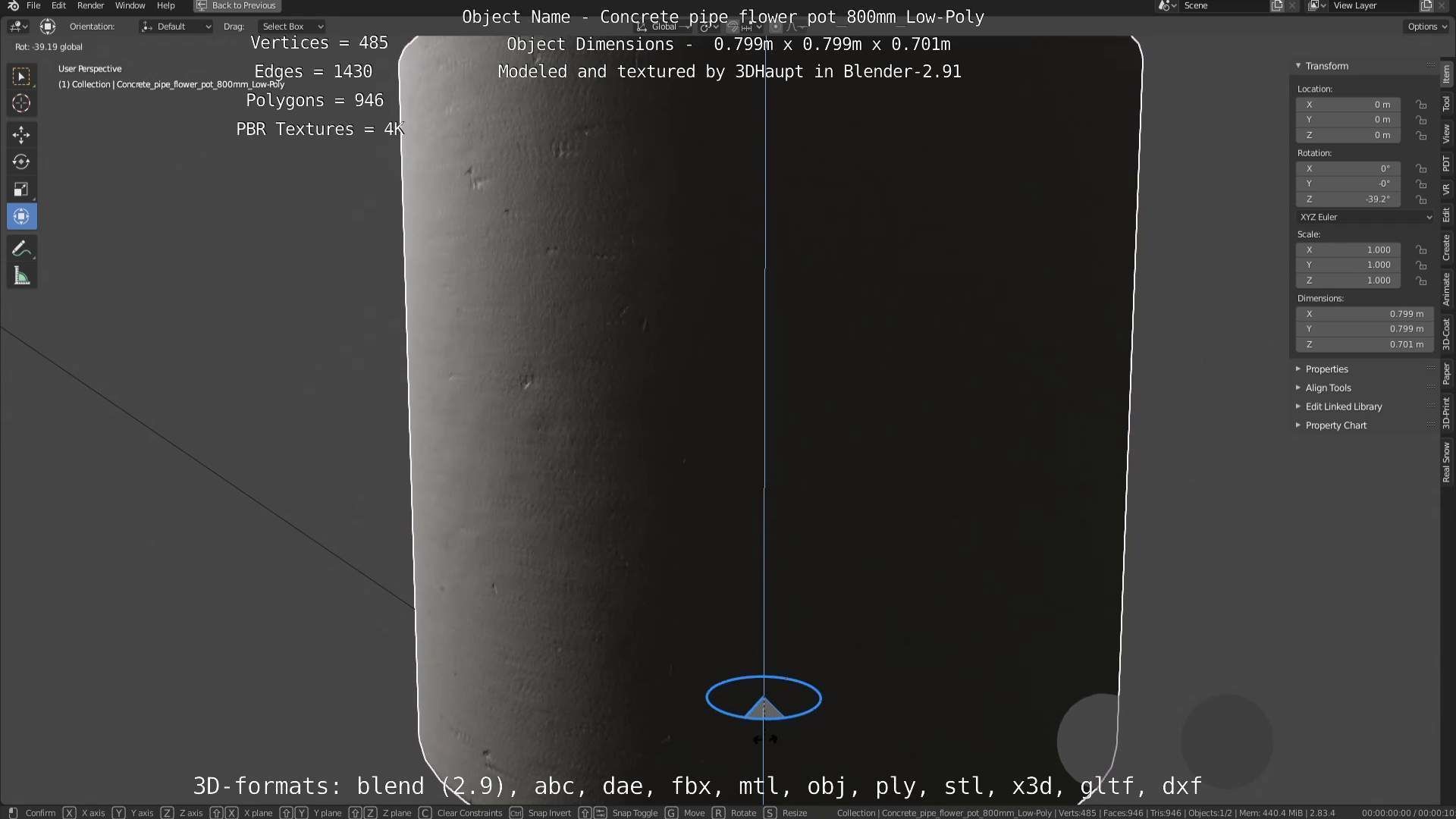 Concrete Pipe Flower Pot 800mm Low-Poly Low-poly 3D model_127