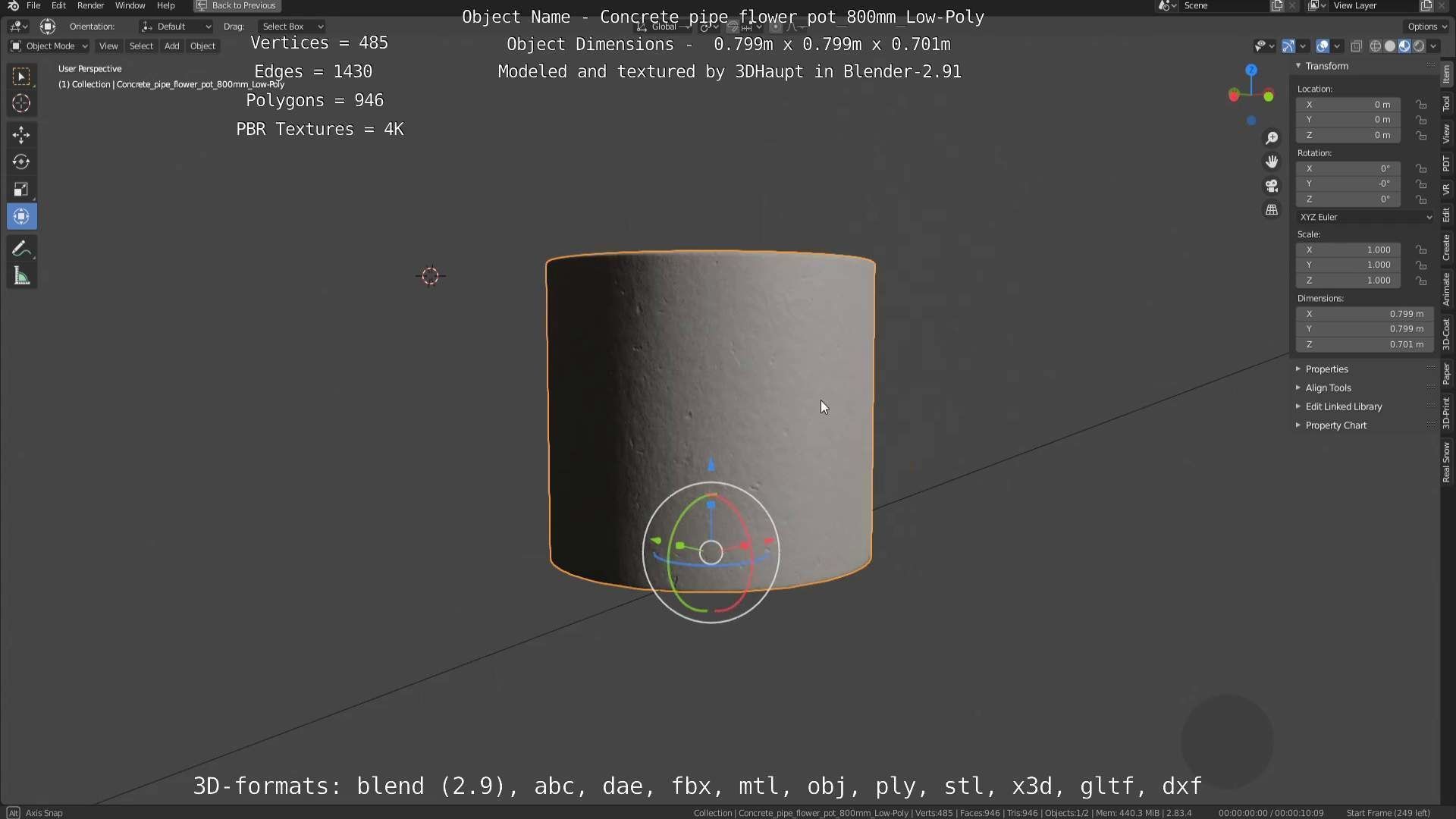Concrete Pipe Flower Pot 800mm Low-Poly Low-poly 3D model_103