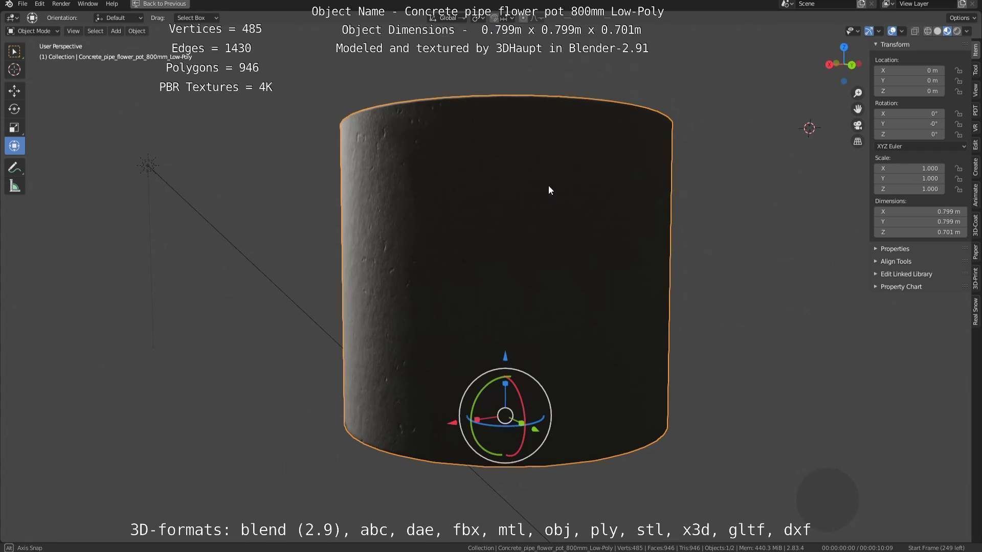 Concrete Pipe Flower Pot 800mm Low-Poly Low-poly 3D model_111