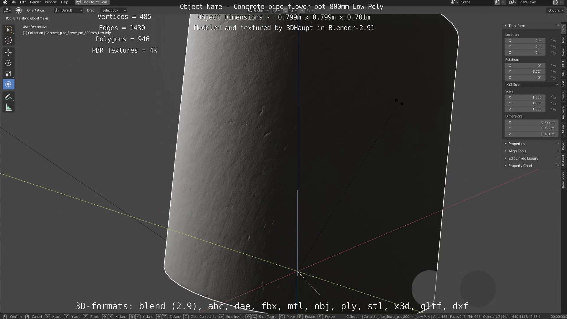 Concrete Pipe Flower Pot 800mm Low-Poly Low-poly 3D model_114