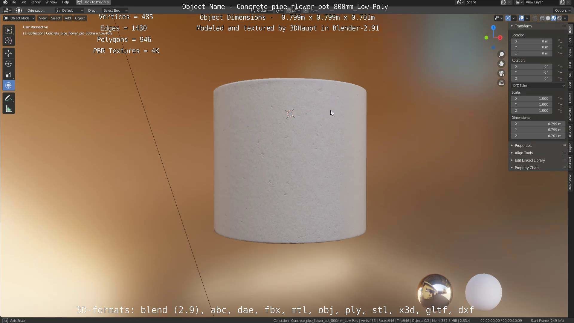 Concrete Pipe Flower Pot 800mm Low-Poly Low-poly 3D model_37