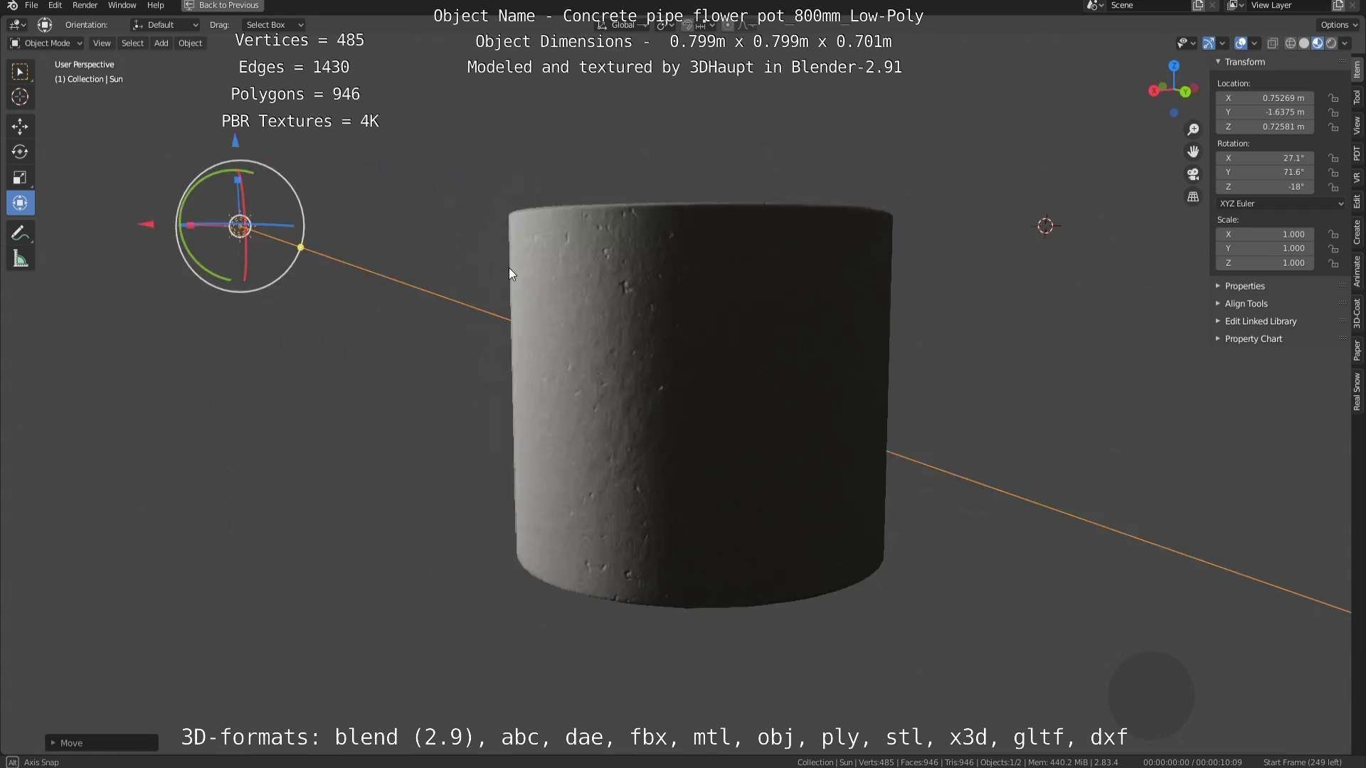 Concrete Pipe Flower Pot 800mm Low-Poly Low-poly 3D model_92