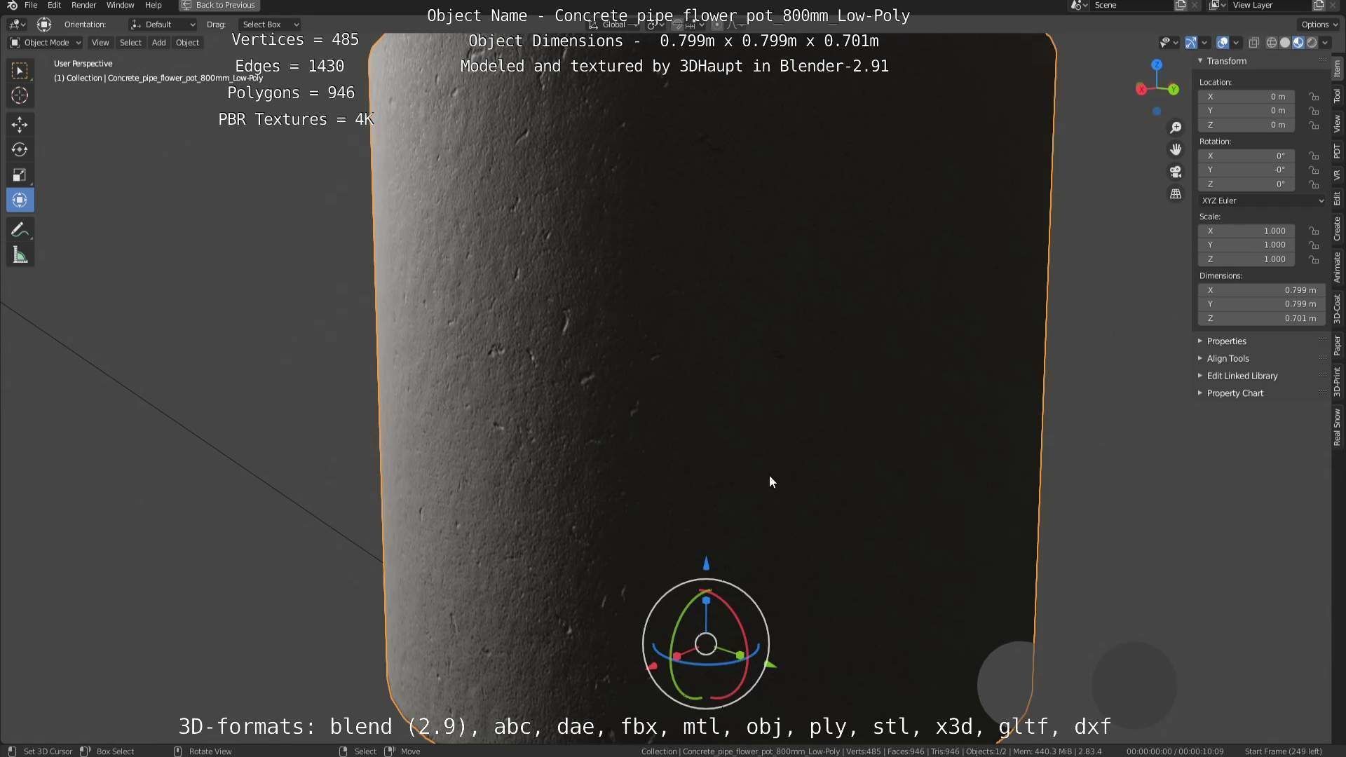 Concrete Pipe Flower Pot 800mm Low-Poly Low-poly 3D model_117