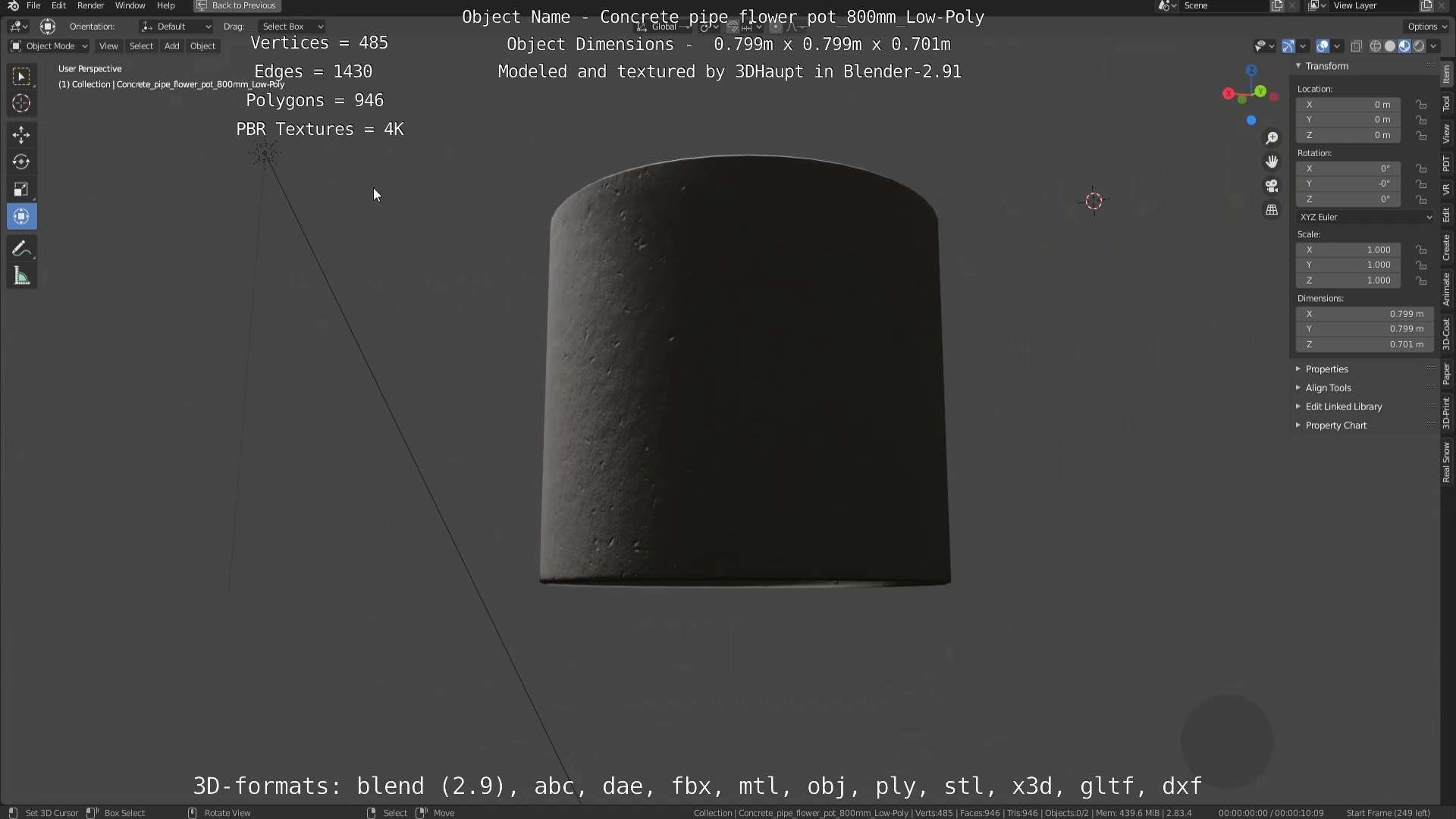 Concrete Pipe Flower Pot 800mm Low-Poly Low-poly 3D model_86