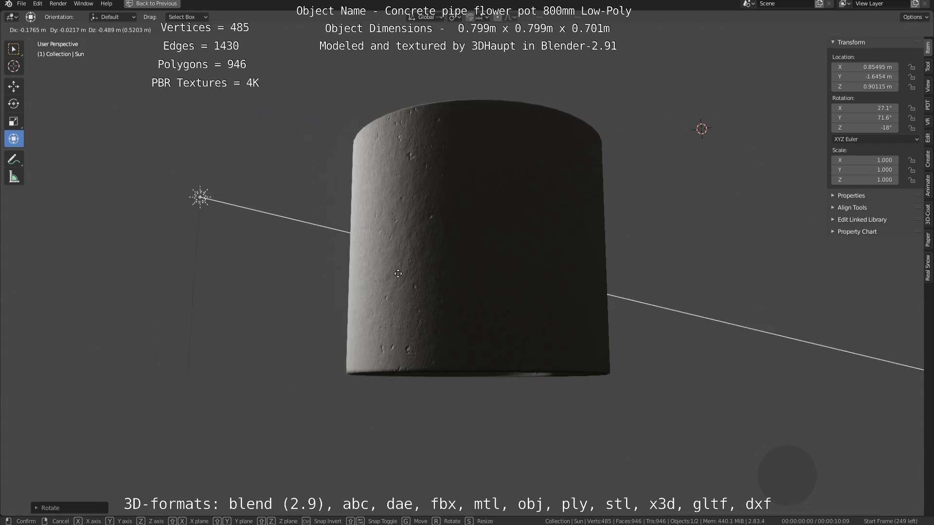 Concrete Pipe Flower Pot 800mm Low-Poly Low-poly 3D model_91