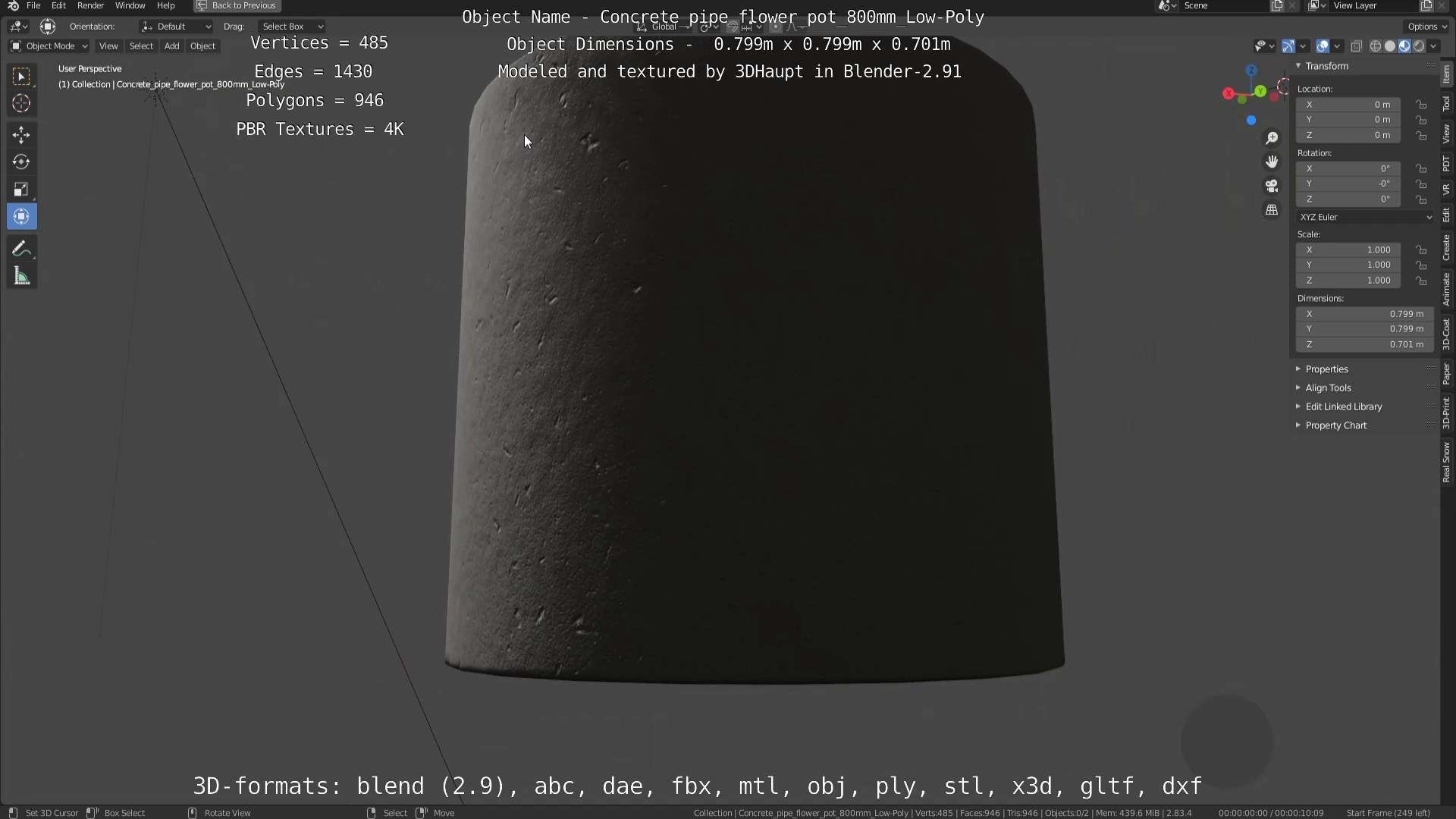 Concrete Pipe Flower Pot 800mm Low-Poly Low-poly 3D model_85