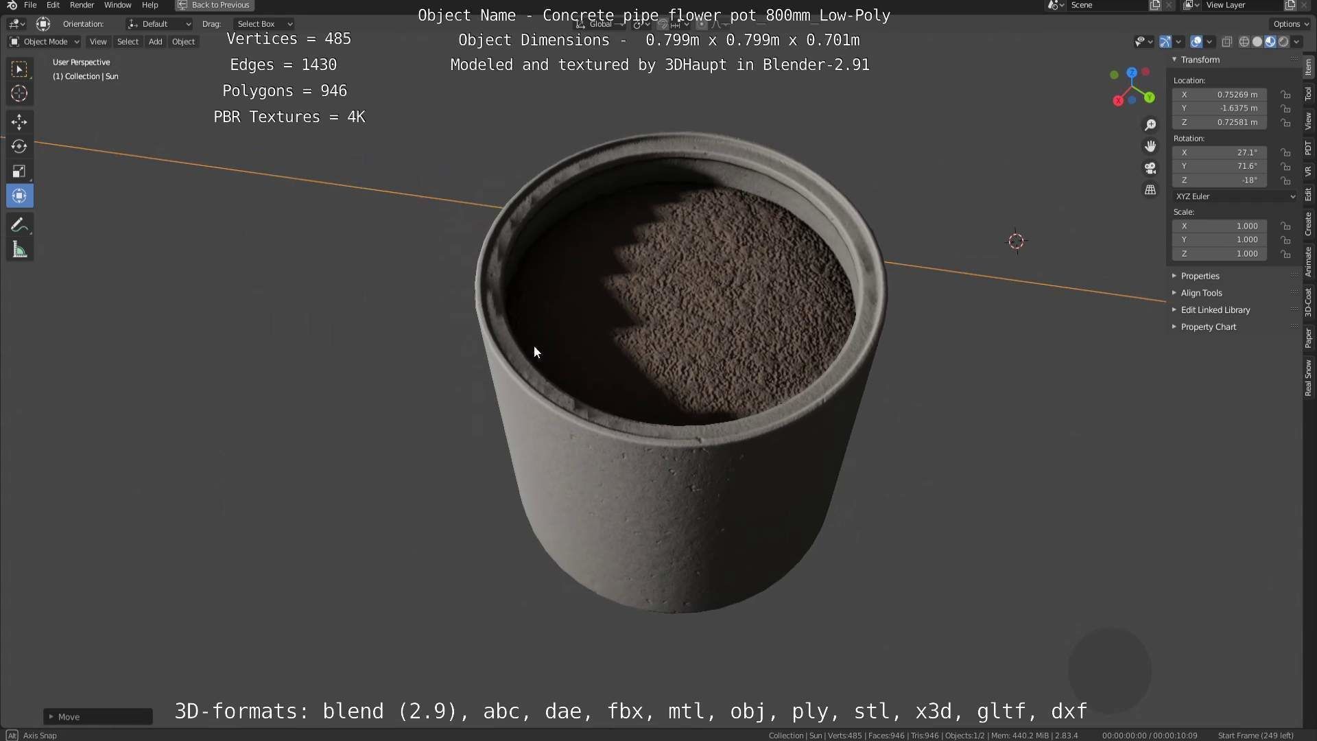 Concrete Pipe Flower Pot 800mm Low-Poly Low-poly 3D model_93