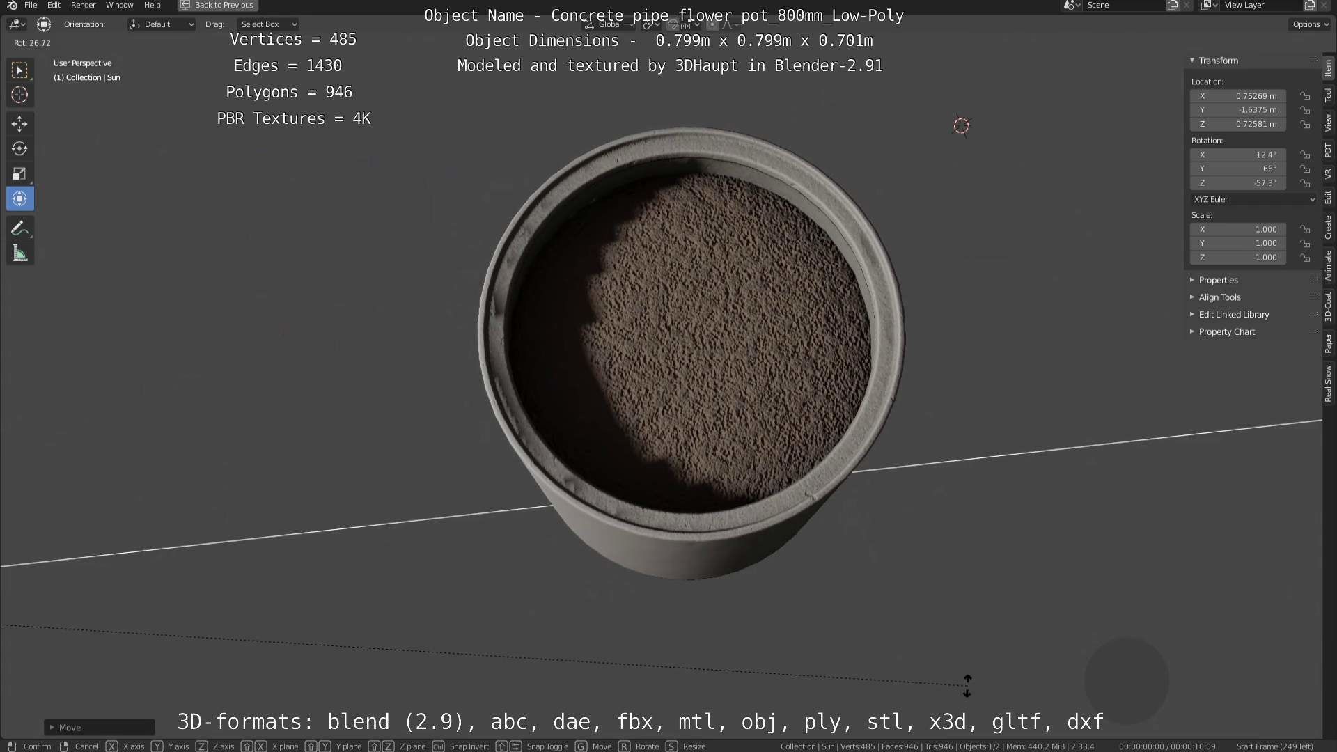 Concrete Pipe Flower Pot 800mm Low-Poly Low-poly 3D model_97