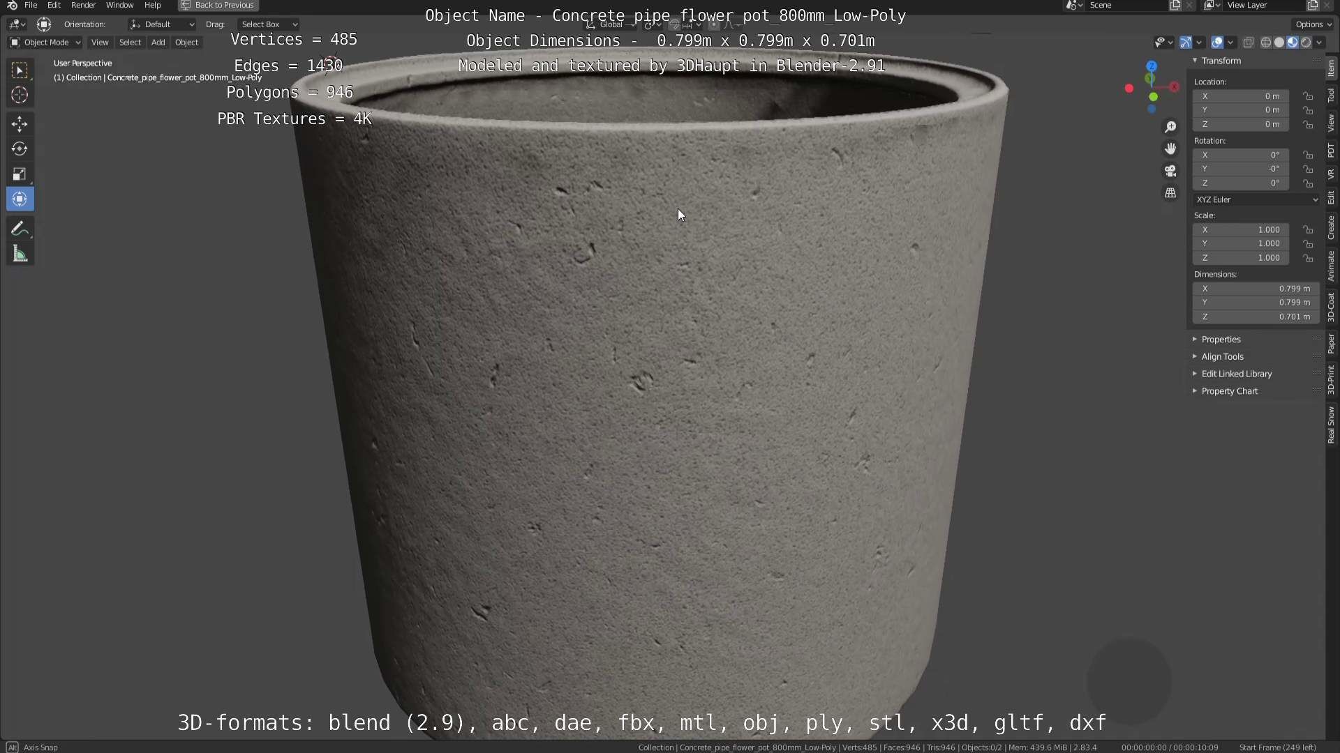 Concrete Pipe Flower Pot 800mm Low-Poly Low-poly 3D model_75