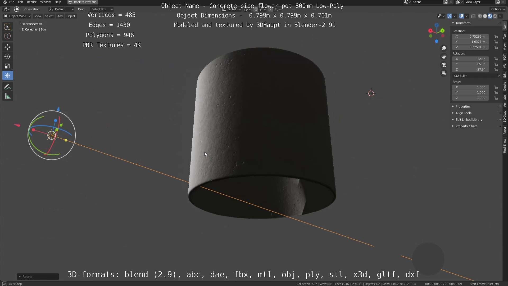 Concrete Pipe Flower Pot 800mm Low-Poly Low-poly 3D model_100