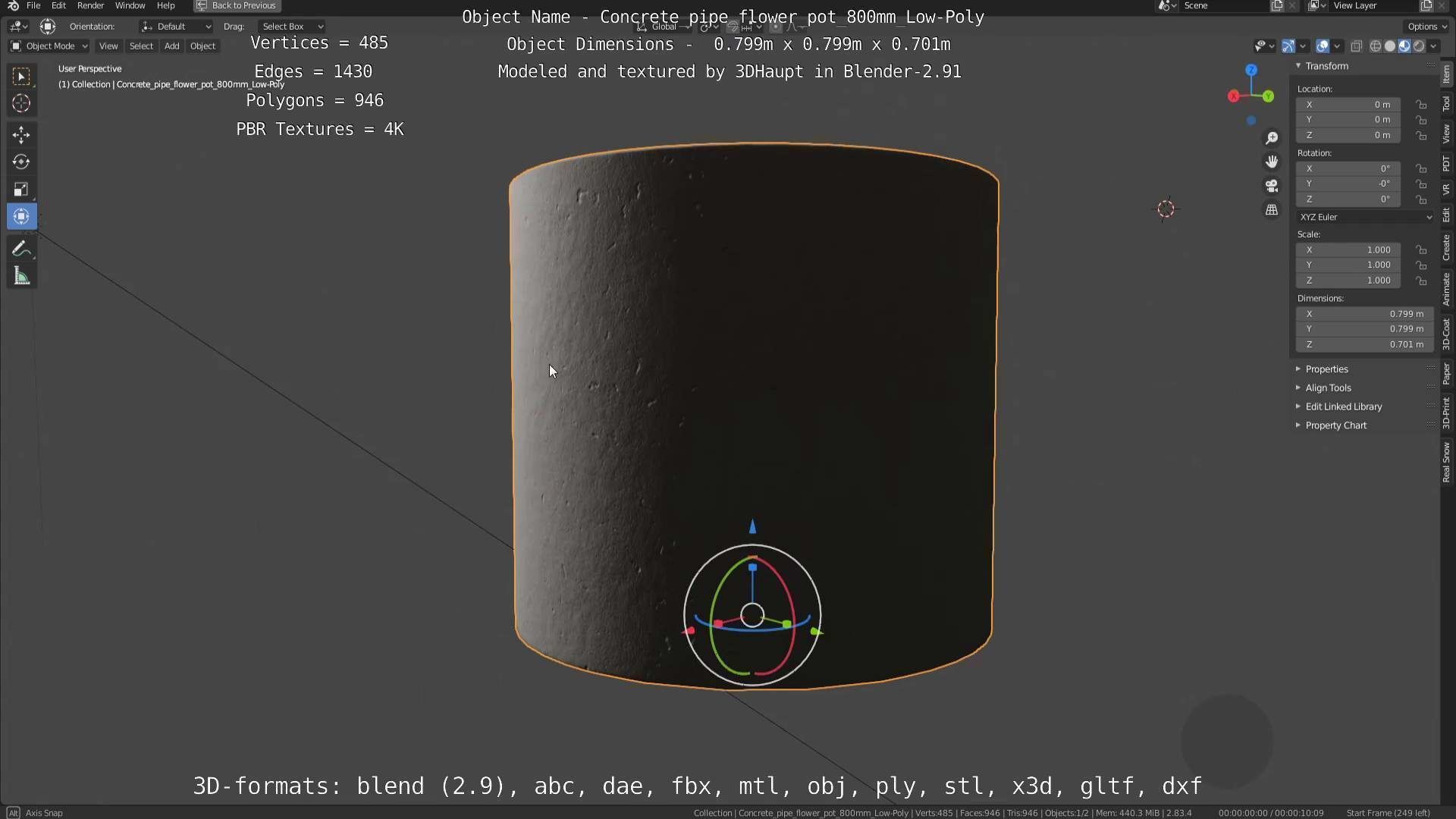 Concrete Pipe Flower Pot 800mm Low-Poly Low-poly 3D model_108