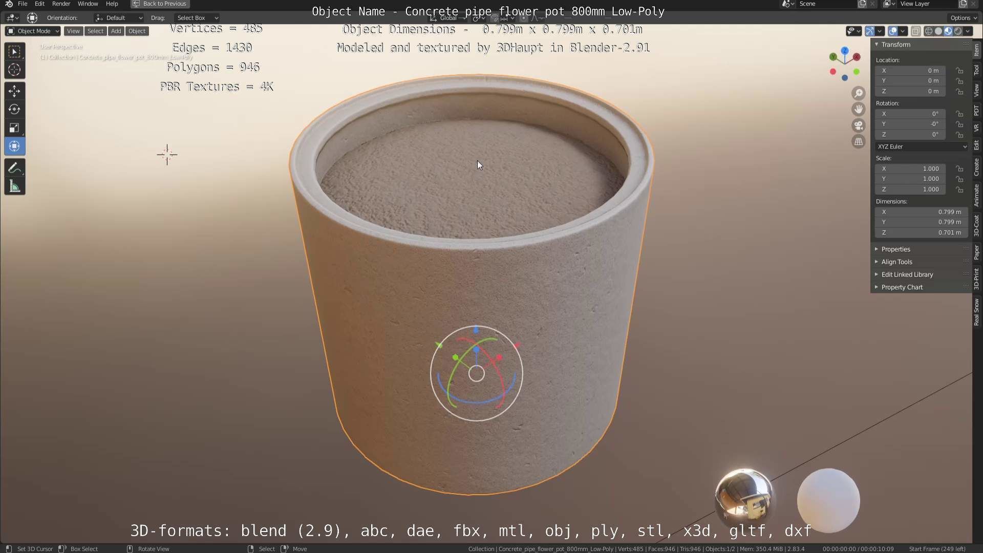 Concrete Pipe Flower Pot 800mm Low-Poly Low-poly 3D model_2