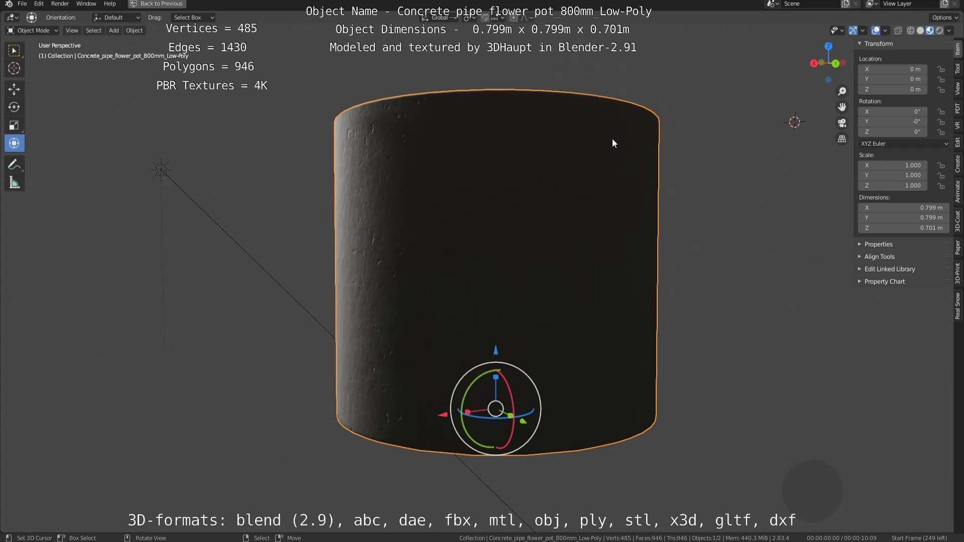 Concrete Pipe Flower Pot 800mm Low-Poly Low-poly 3D model_110