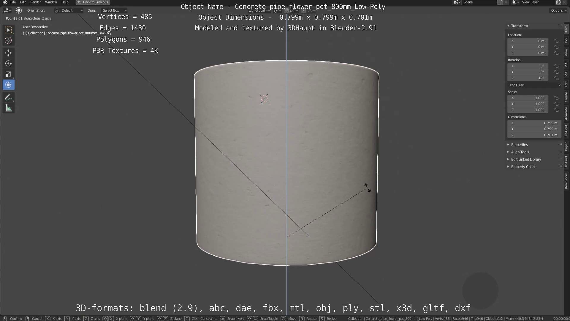 Concrete Pipe Flower Pot 800mm Low-Poly Low-poly 3D model_115