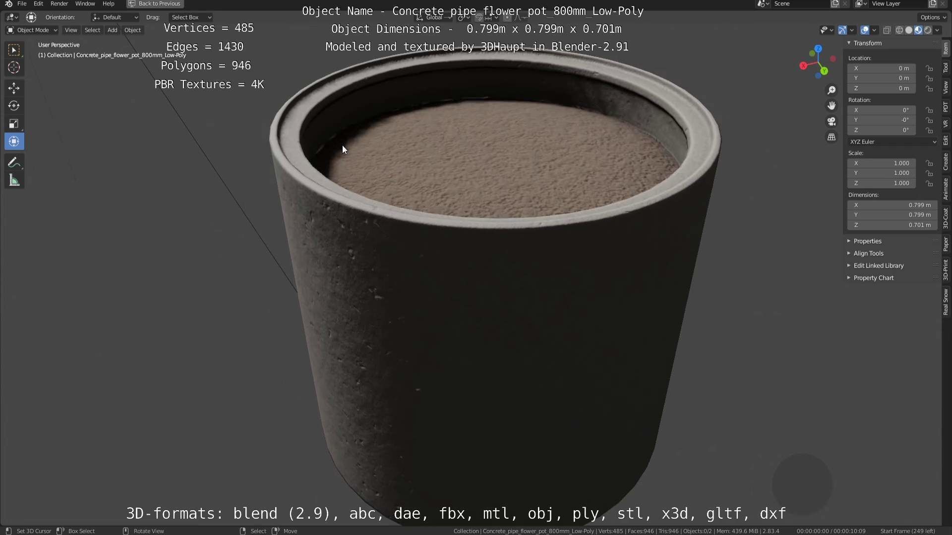 Concrete Pipe Flower Pot 800mm Low-Poly Low-poly 3D model_80