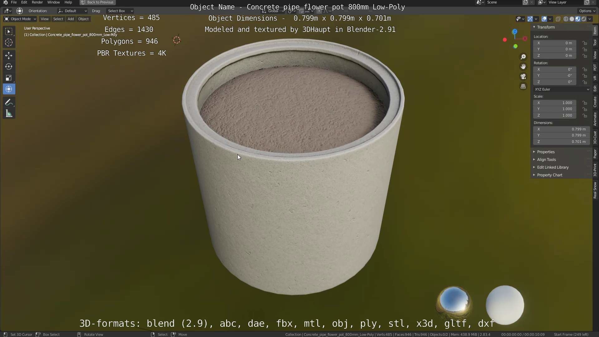 Concrete Pipe Flower Pot 800mm Low-Poly Low-poly 3D model_46