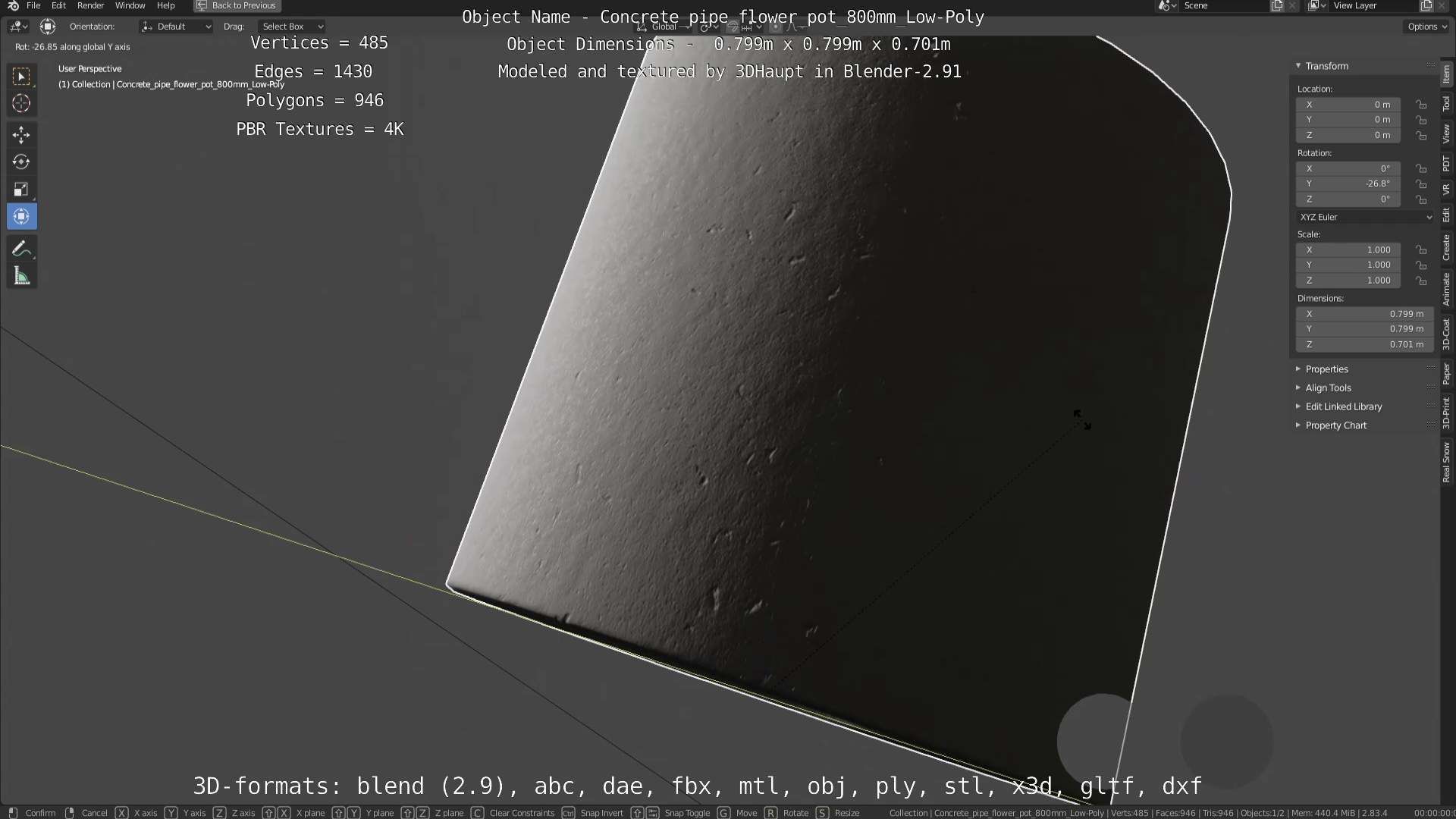 Concrete Pipe Flower Pot 800mm Low-Poly Low-poly 3D model_116