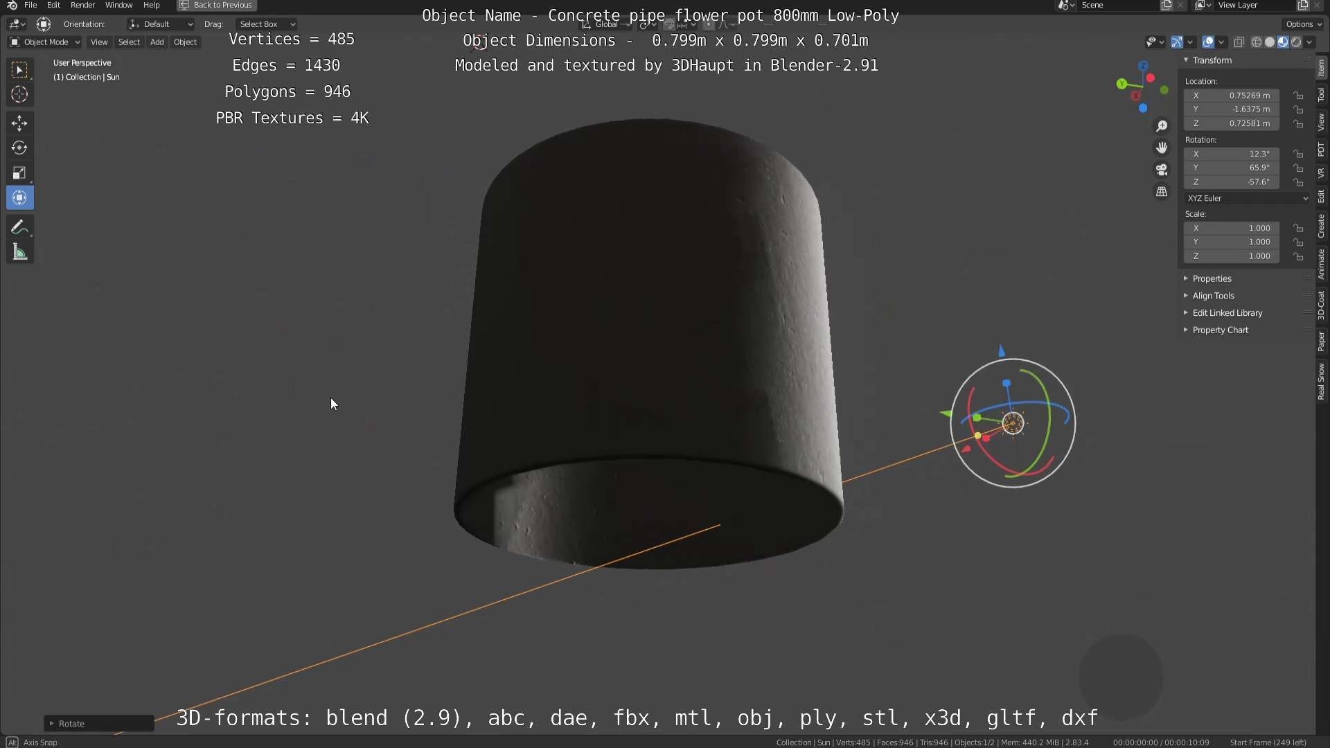 Concrete Pipe Flower Pot 800mm Low-Poly Low-poly 3D model_102