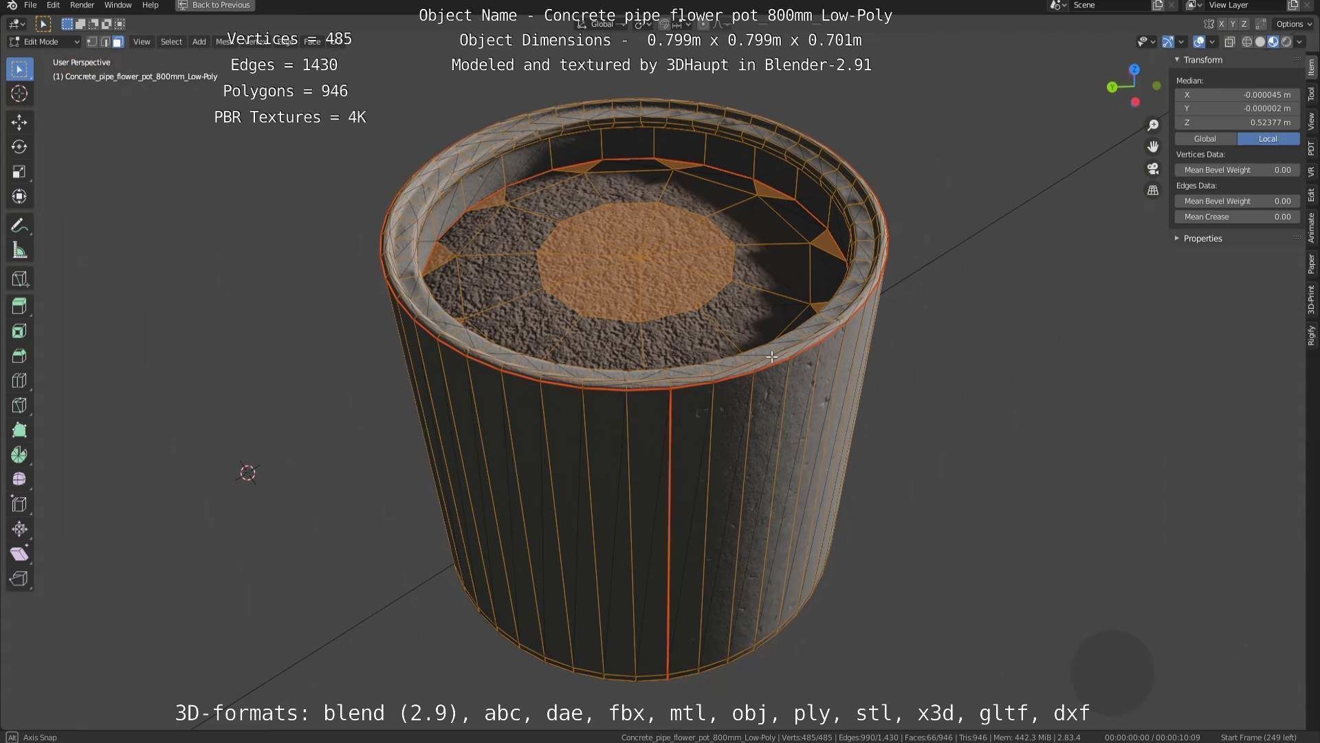 Concrete Pipe Flower Pot 800mm Low-Poly Low-poly 3D model_20