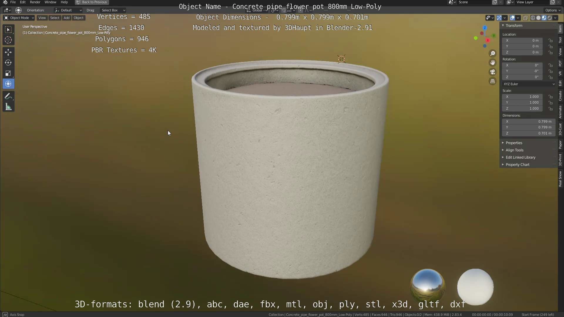 Concrete Pipe Flower Pot 800mm Low-Poly Low-poly 3D model_28