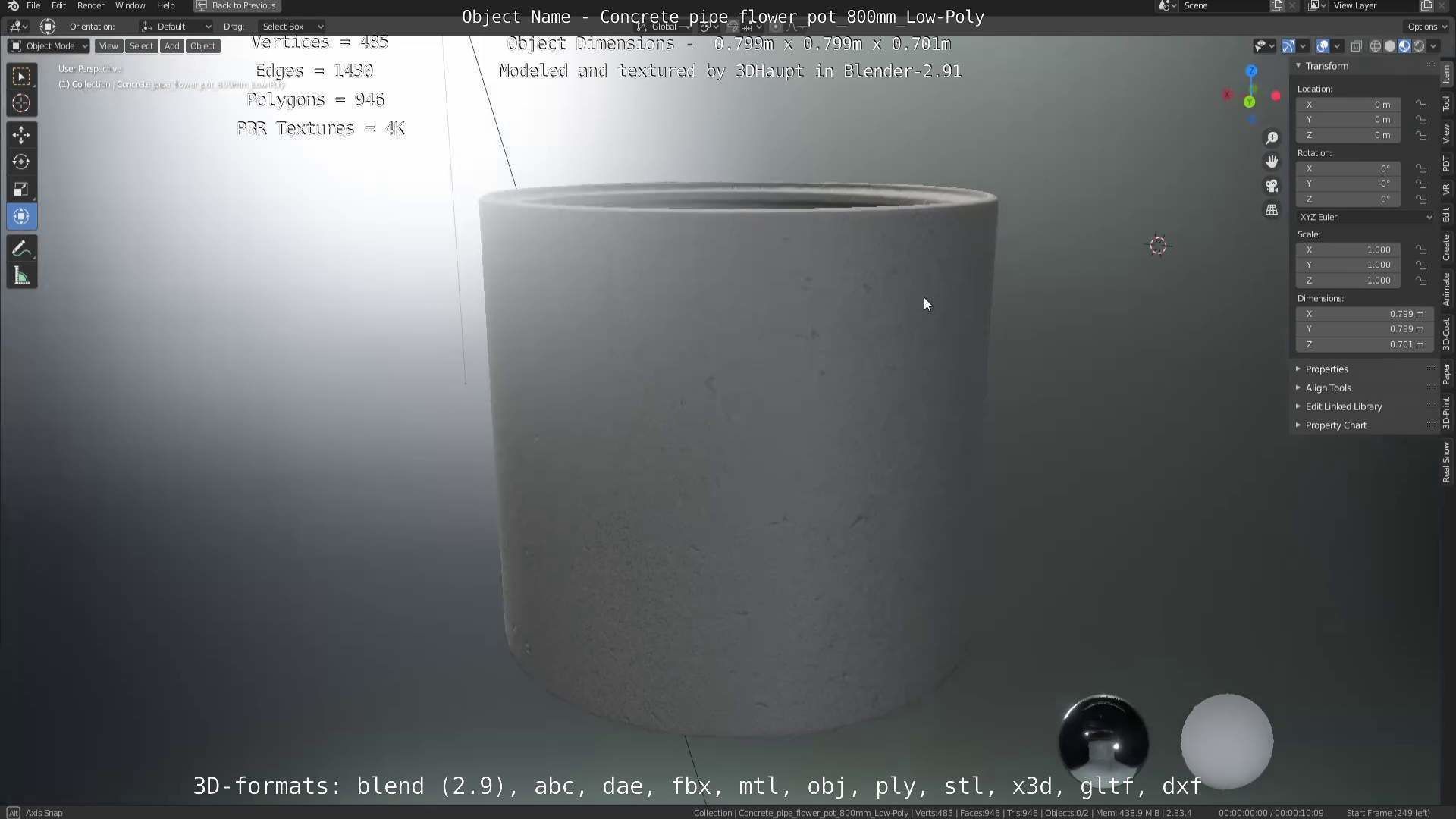 Concrete Pipe Flower Pot 800mm Low-Poly Low-poly 3D model_57