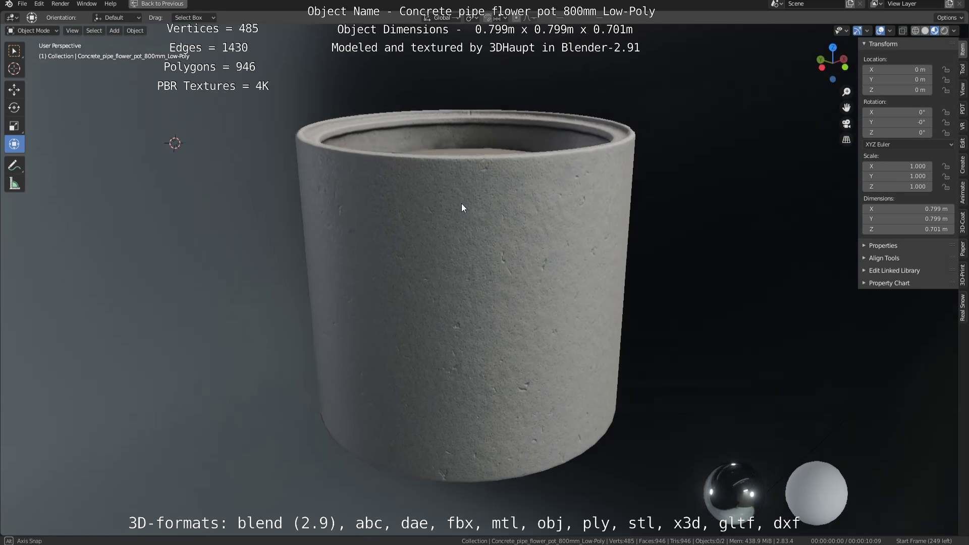 Concrete Pipe Flower Pot 800mm Low-Poly Low-poly 3D model_59