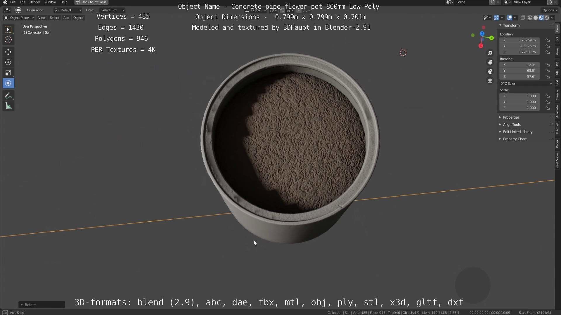 Concrete Pipe Flower Pot 800mm Low-Poly Low-poly 3D model_98
