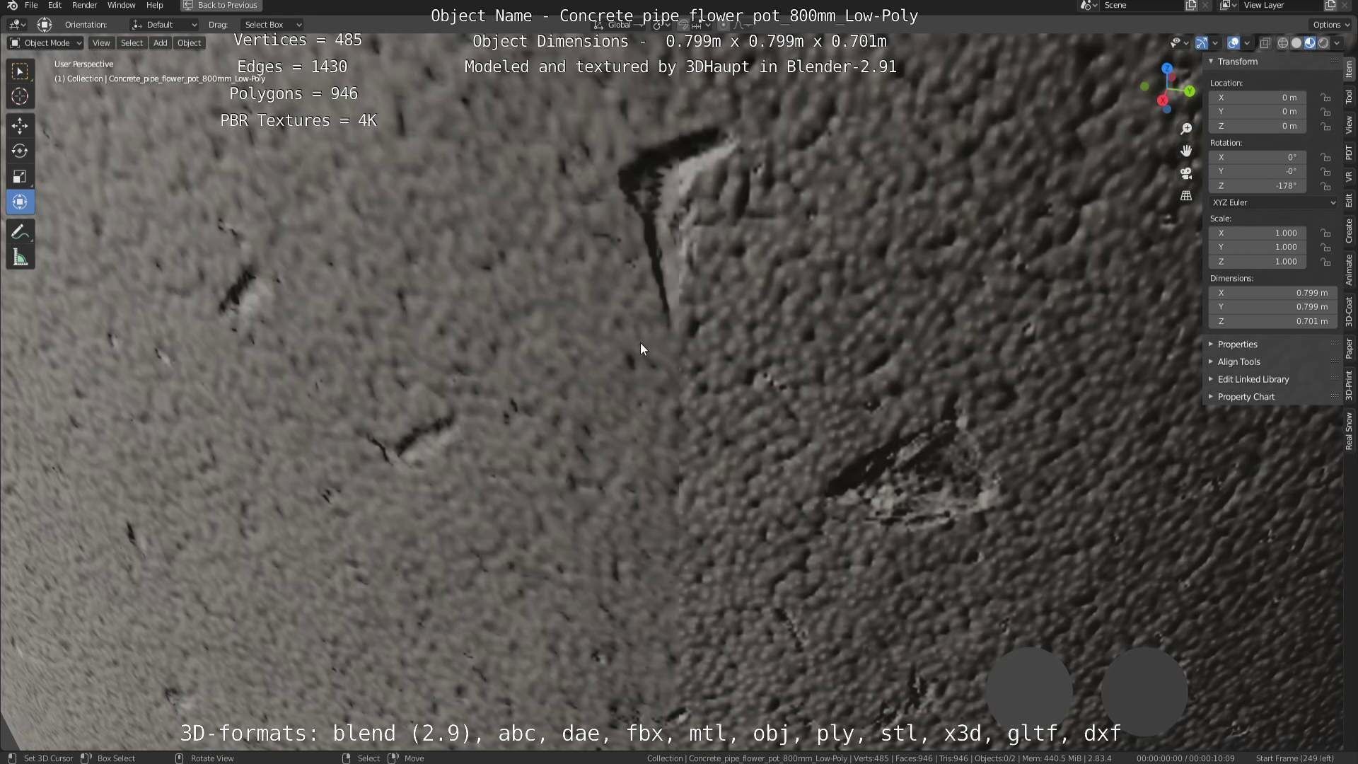 Concrete Pipe Flower Pot 800mm Low-Poly Low-poly 3D model_12