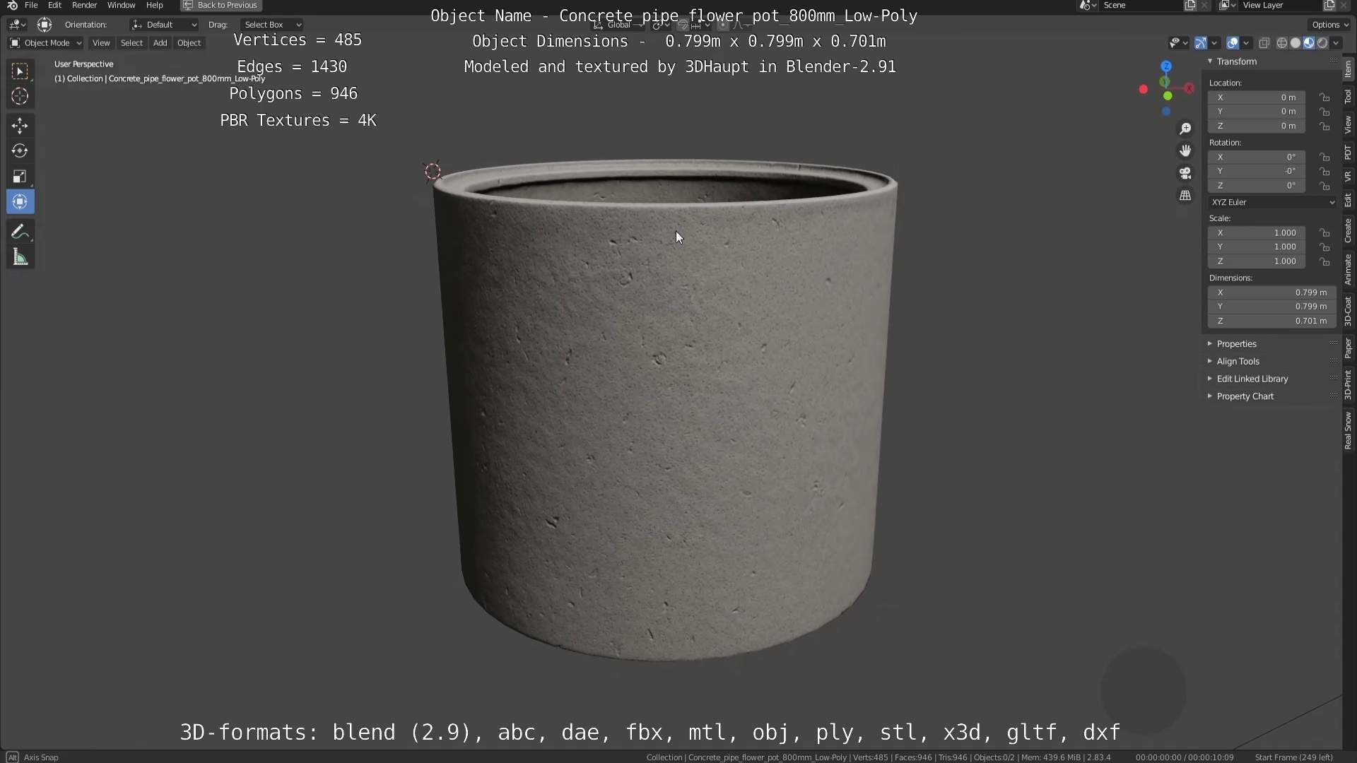 Concrete Pipe Flower Pot 800mm Low-Poly Low-poly 3D model_73