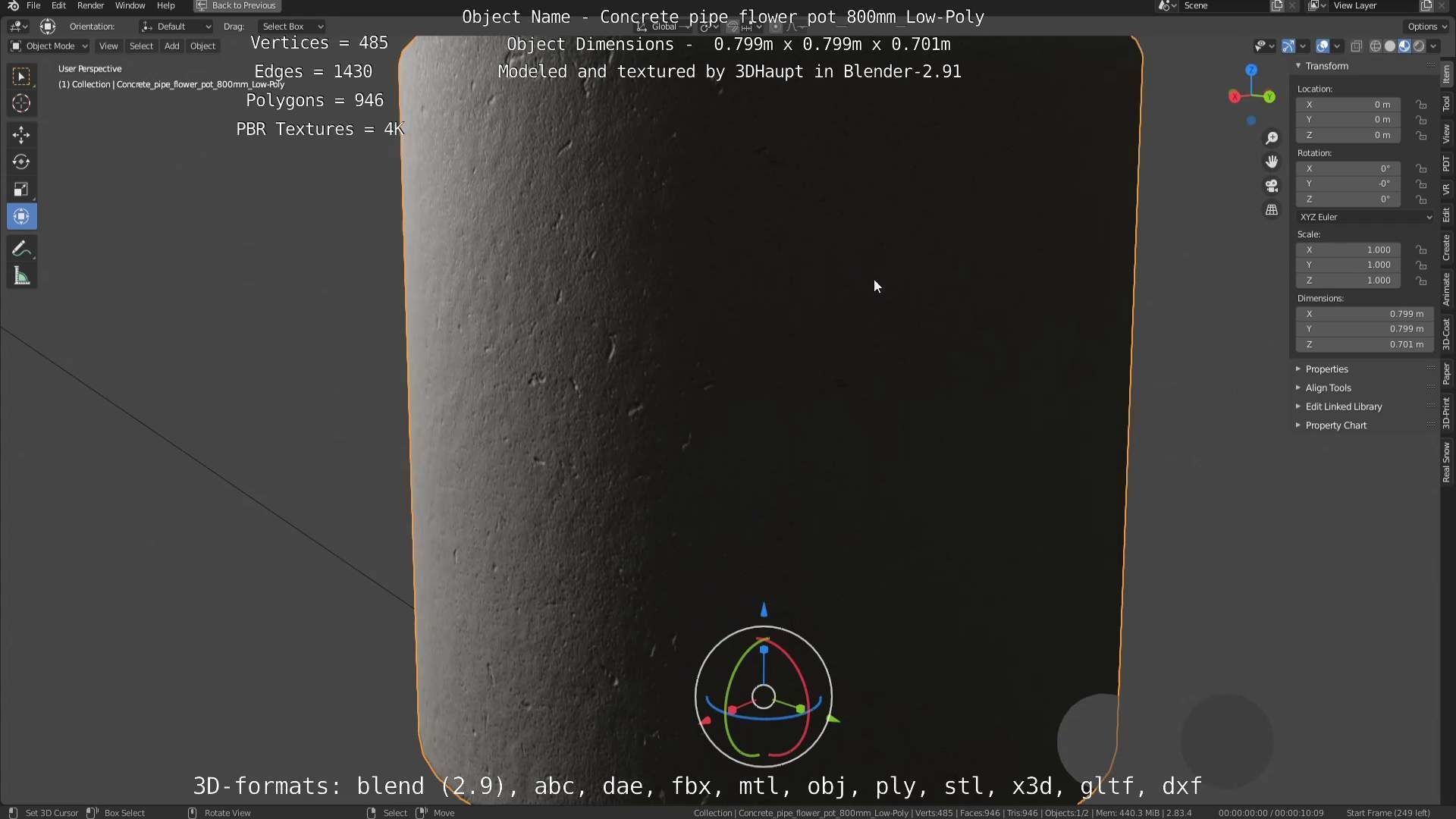 Concrete Pipe Flower Pot 800mm Low-Poly Low-poly 3D model_113