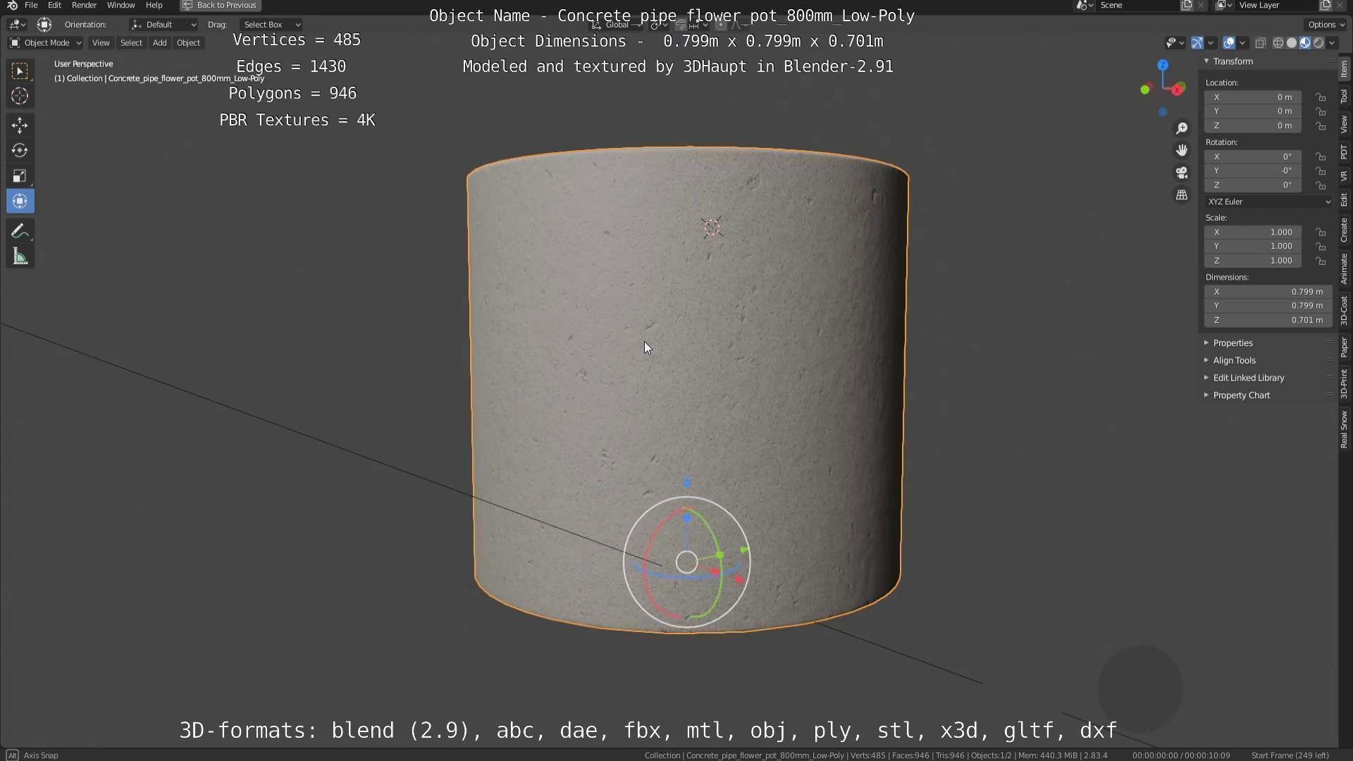 Concrete Pipe Flower Pot 800mm Low-Poly Low-poly 3D model_107