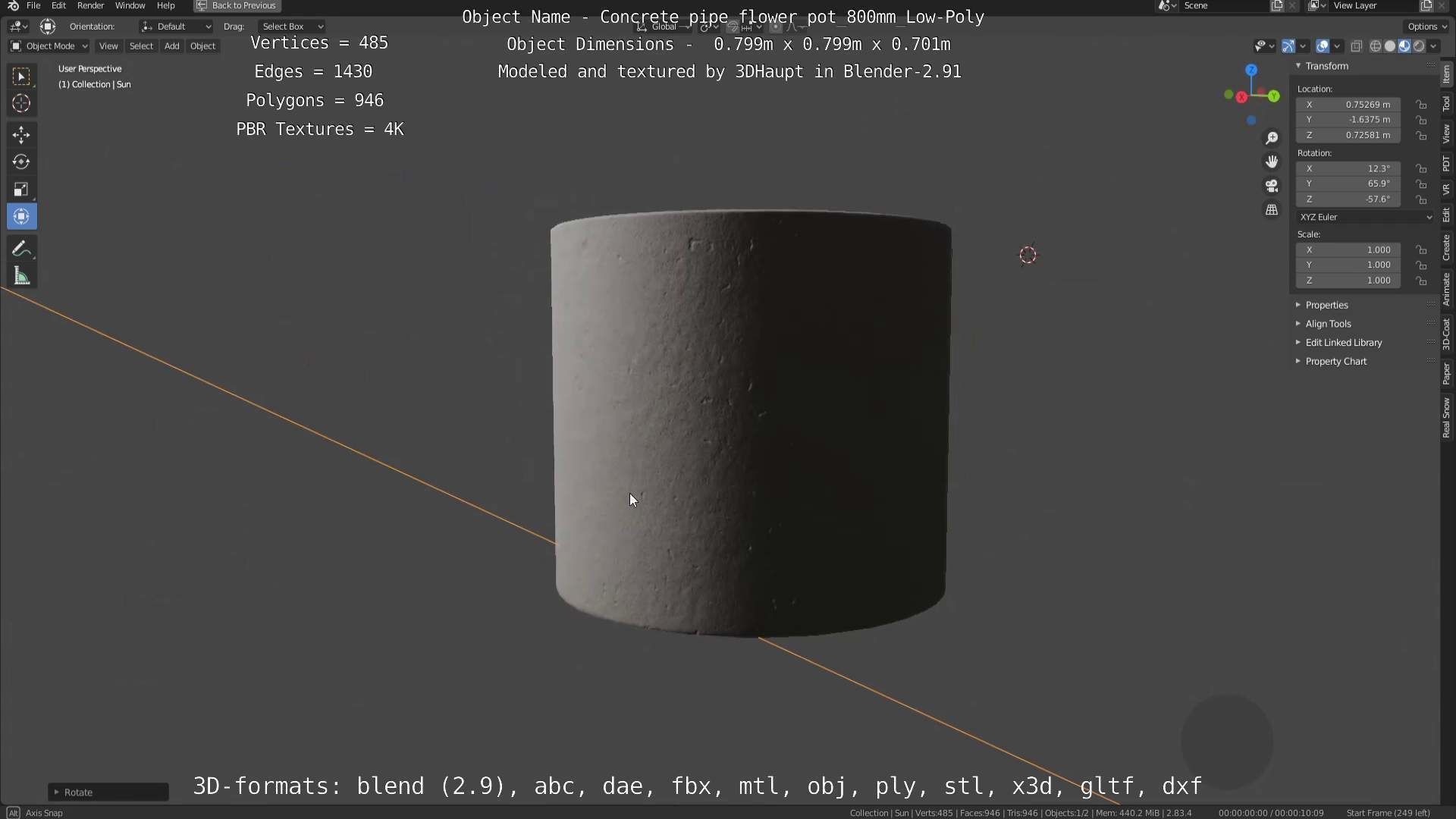 Concrete Pipe Flower Pot 800mm Low-Poly Low-poly 3D model_99