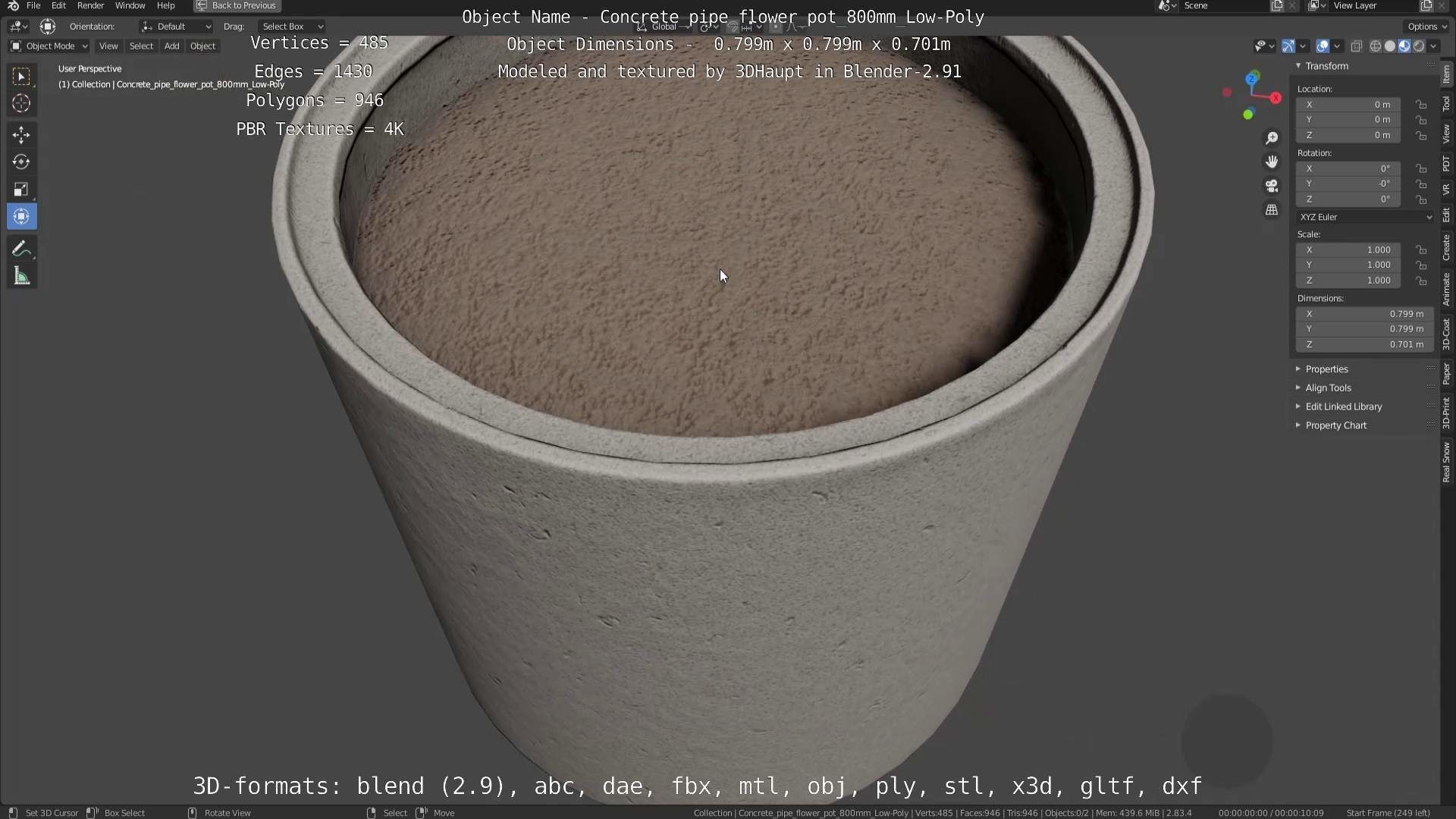 Concrete Pipe Flower Pot 800mm Low-Poly Low-poly 3D model_76