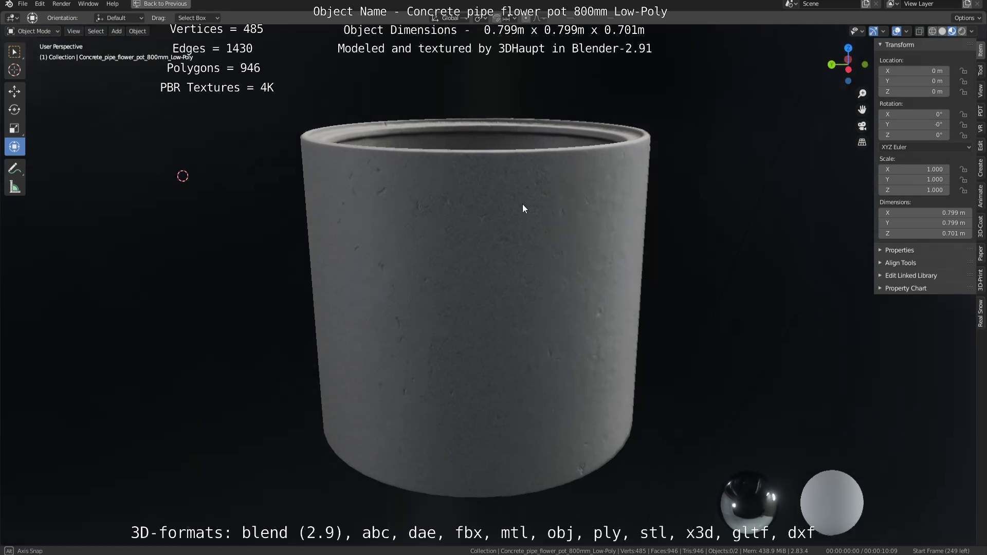 Concrete Pipe Flower Pot 800mm Low-Poly Low-poly 3D model_31