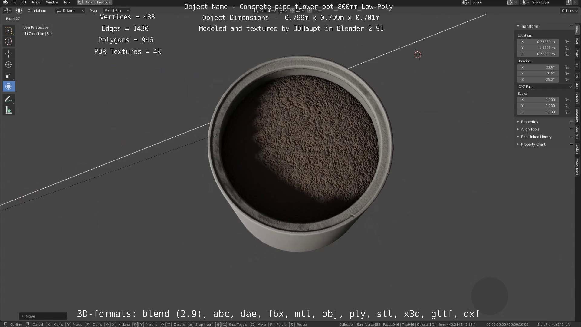 Concrete Pipe Flower Pot 800mm Low-Poly Low-poly 3D model_95