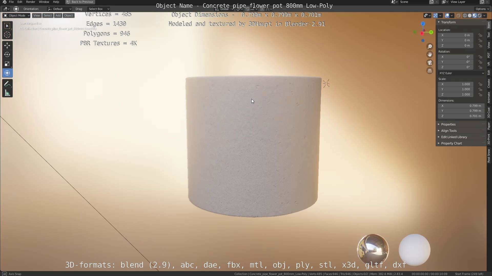 Concrete Pipe Flower Pot 800mm Low-Poly Low-poly 3D model_36