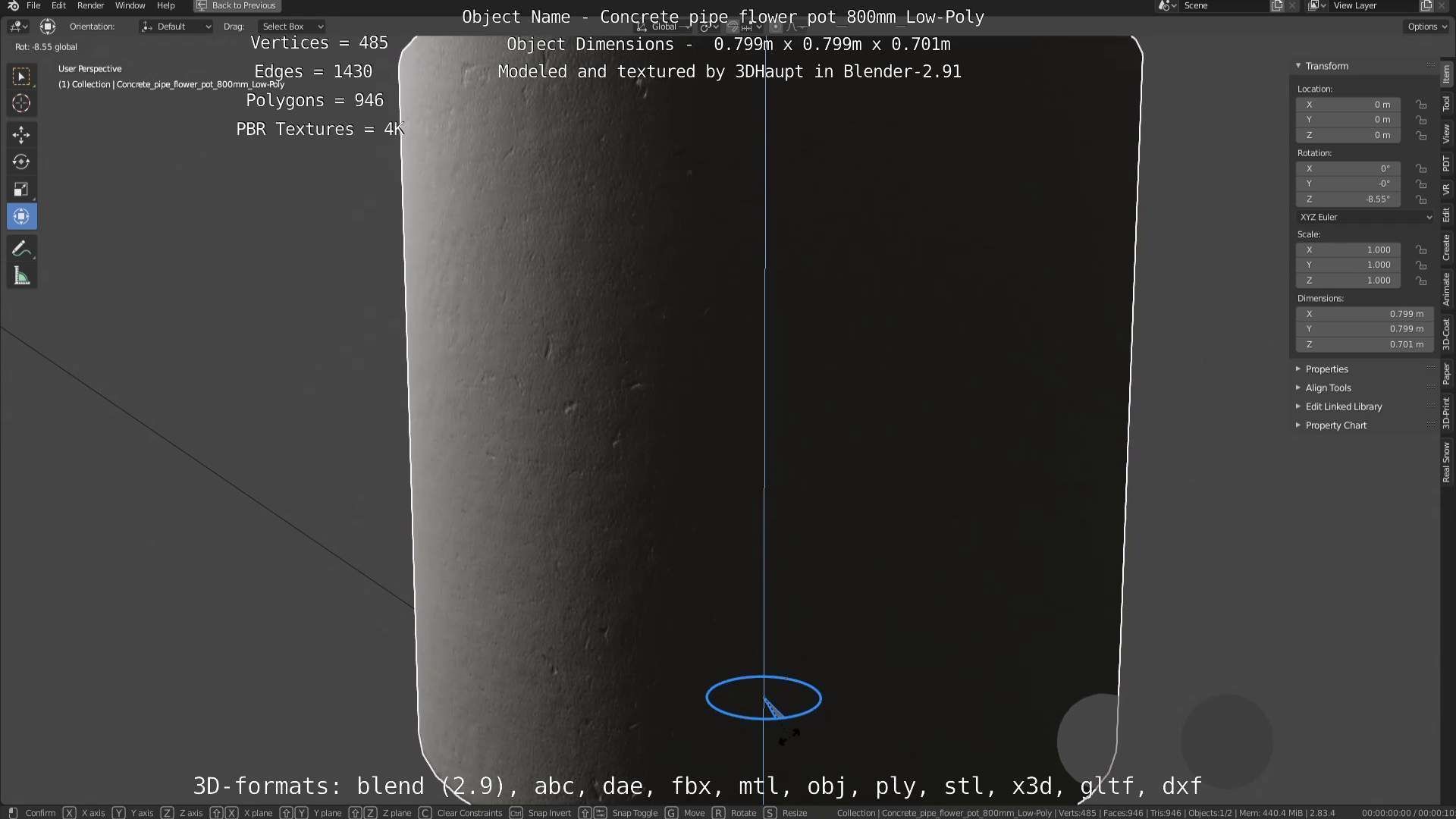 Concrete Pipe Flower Pot 800mm Low-Poly Low-poly 3D model_126