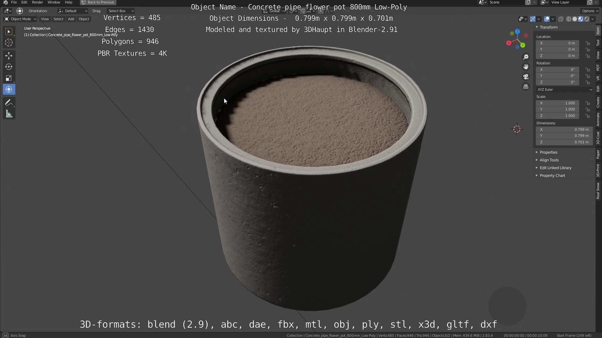Concrete Pipe Flower Pot 800mm Low-Poly Low-poly 3D model_5