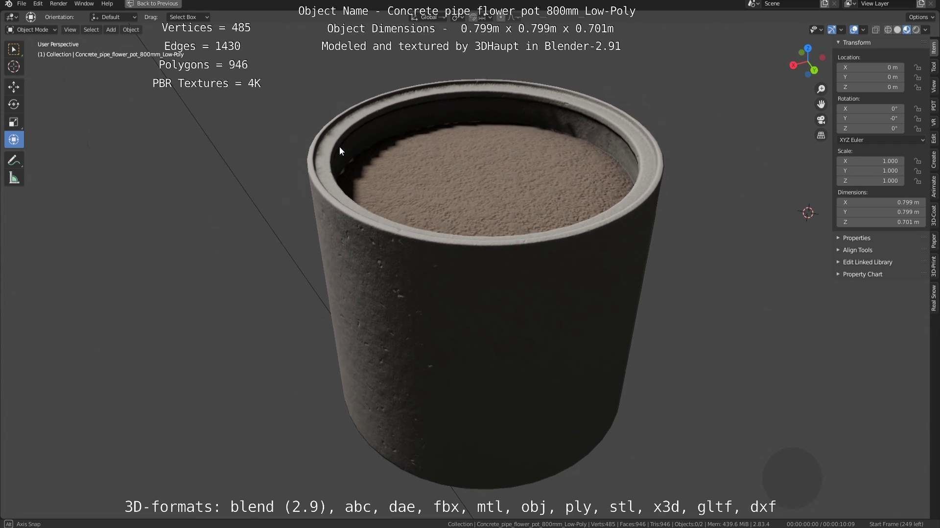 Concrete Pipe Flower Pot 800mm Low-Poly Low-poly 3D model_78