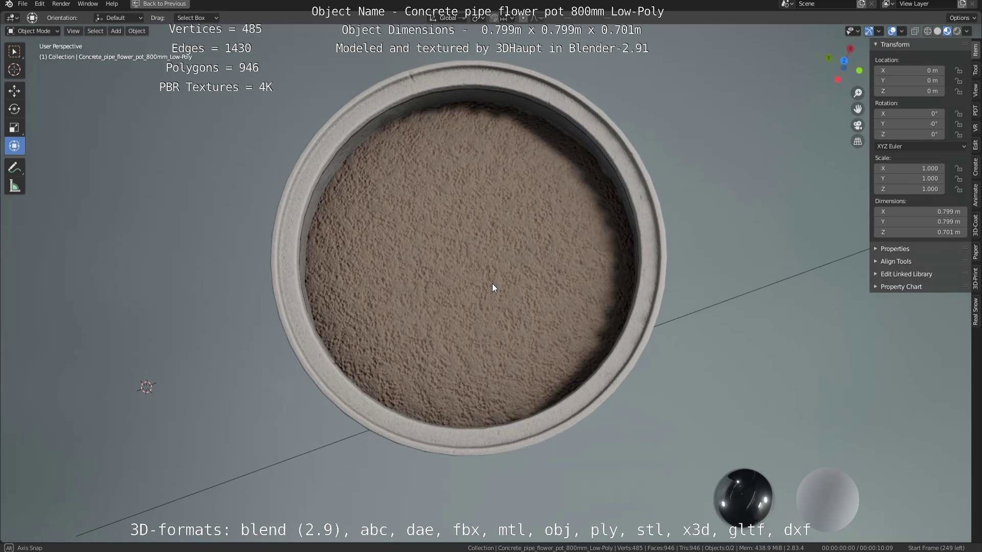 Concrete Pipe Flower Pot 800mm Low-Poly Low-poly 3D model_60