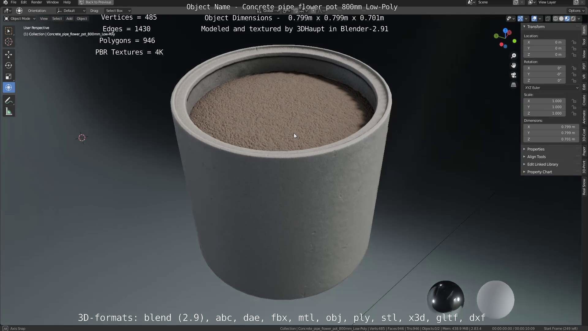 Concrete Pipe Flower Pot 800mm Low-Poly Low-poly 3D model_61