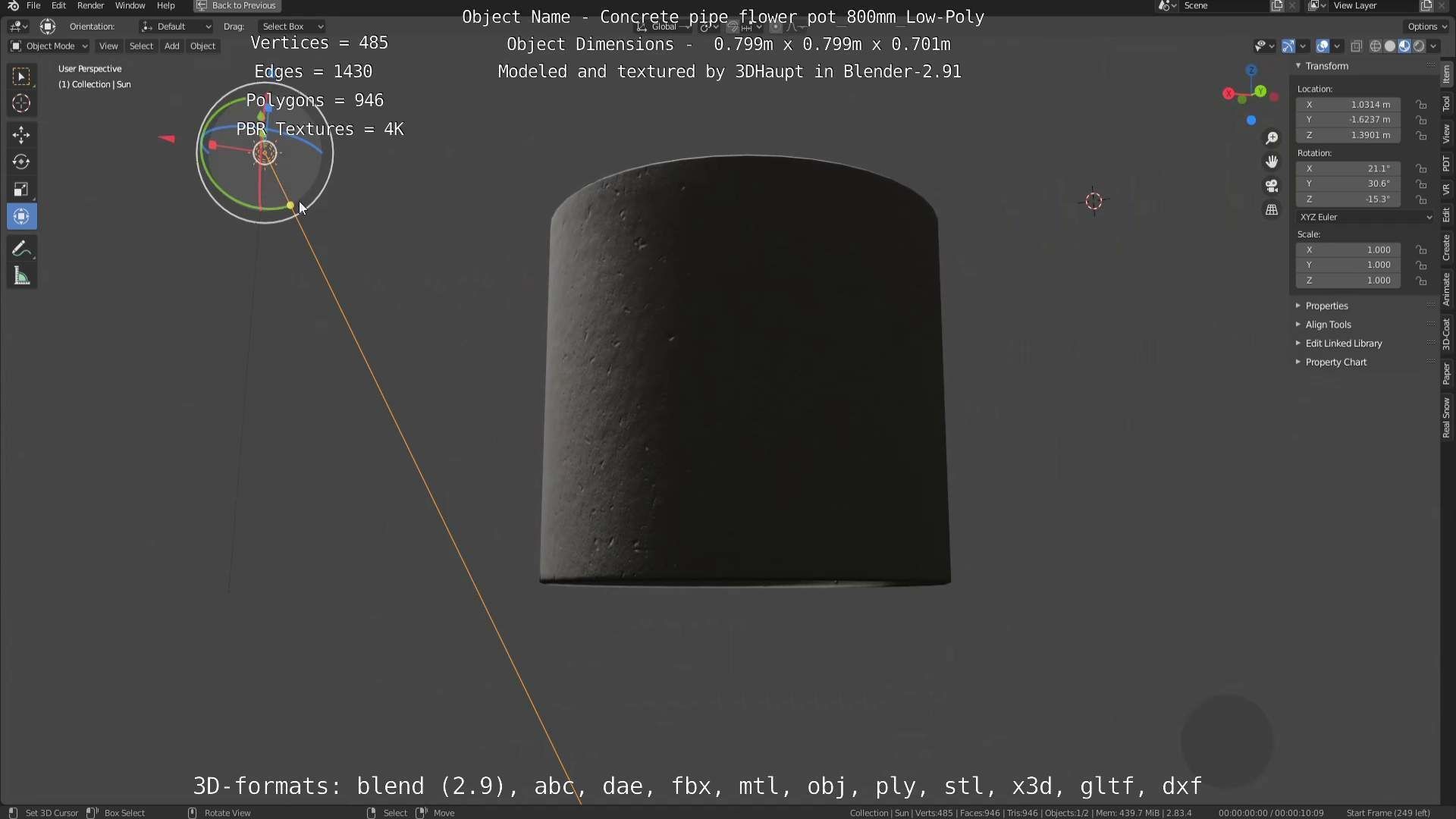 Concrete Pipe Flower Pot 800mm Low-Poly Low-poly 3D model_88