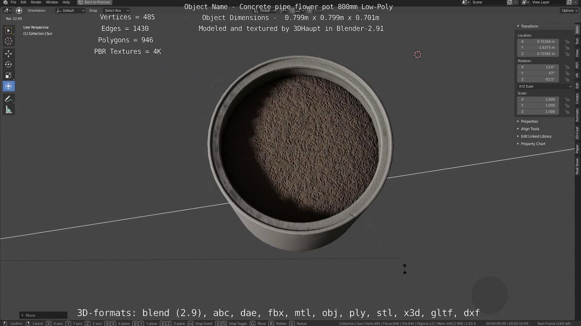 Concrete Pipe Flower Pot 800mm Low-Poly Low-poly 3D model_96