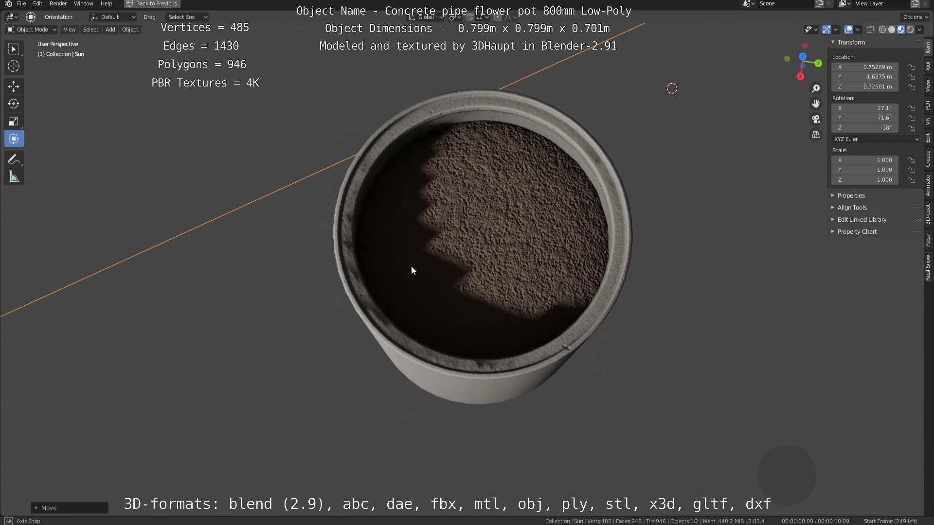 Concrete Pipe Flower Pot 800mm Low-Poly Low-poly 3D model_94