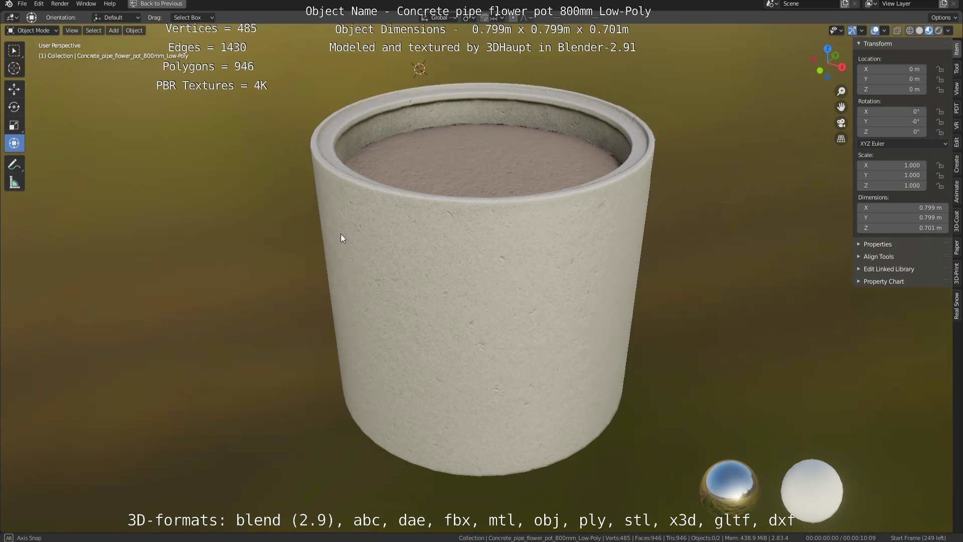 Concrete Pipe Flower Pot 800mm Low-Poly Low-poly 3D model_47