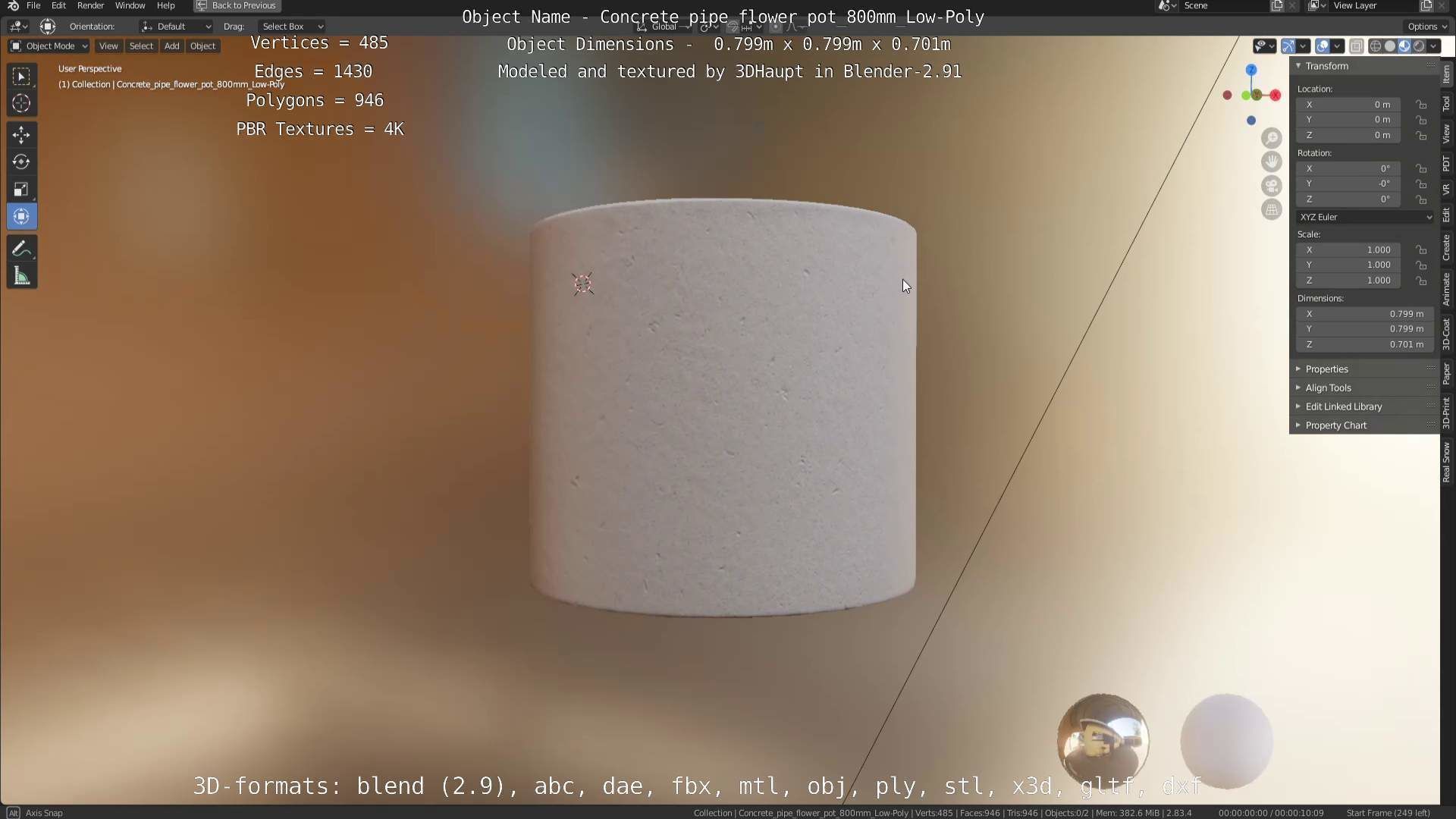 Concrete Pipe Flower Pot 800mm Low-Poly Low-poly 3D model_38