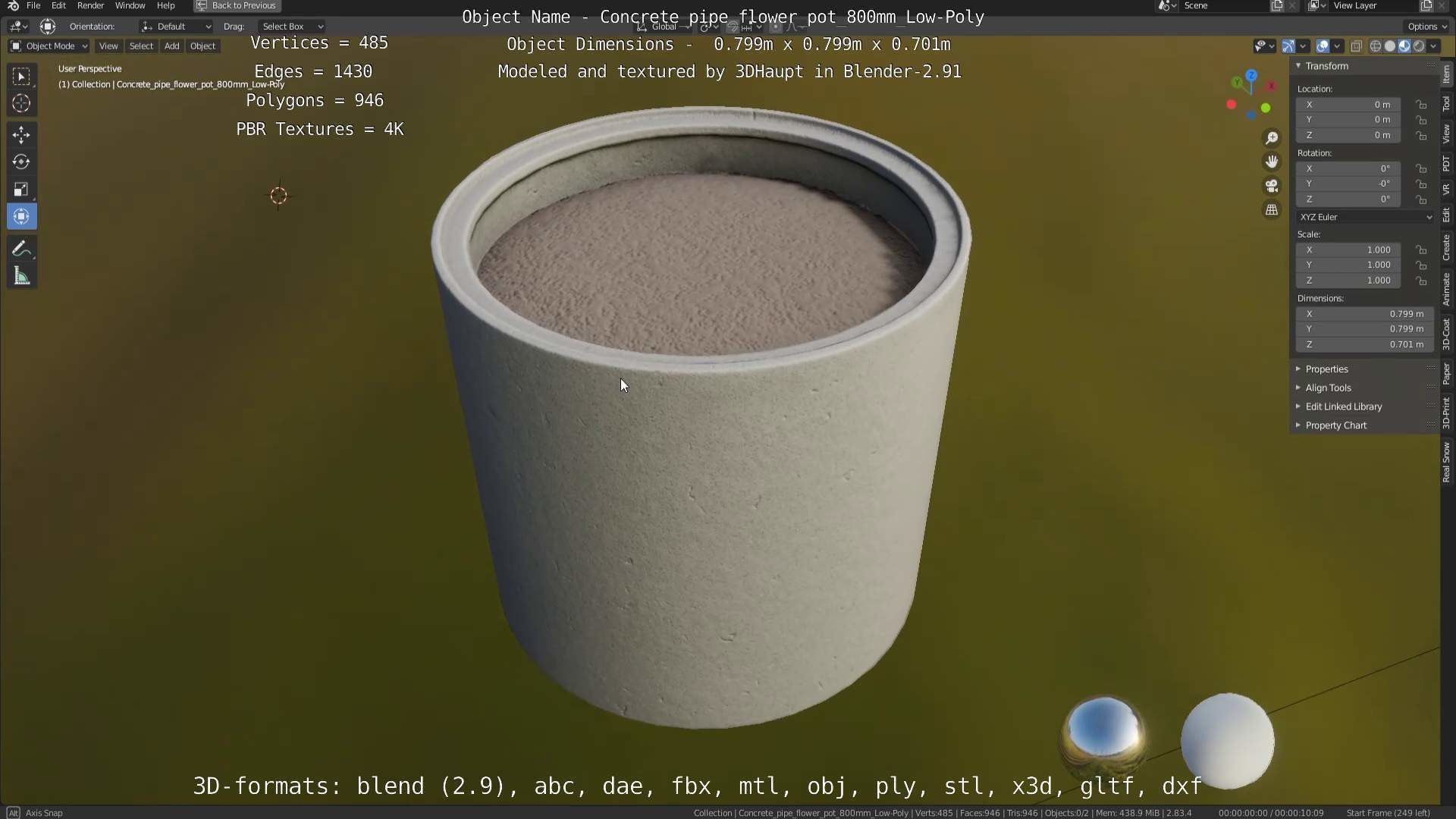 Concrete Pipe Flower Pot 800mm Low-Poly Low-poly 3D model_43