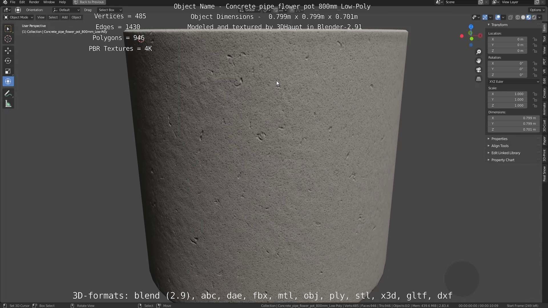 Concrete Pipe Flower Pot 800mm Low-Poly Low-poly 3D model_74