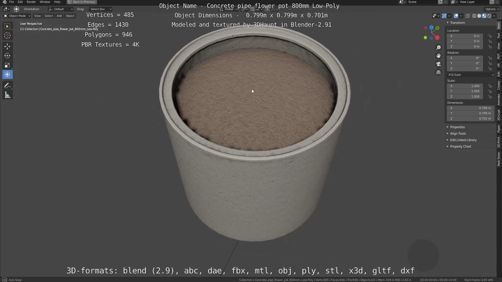 Concrete Pipe Flower Pot 800mm Low-Poly Low-poly 3D model_77